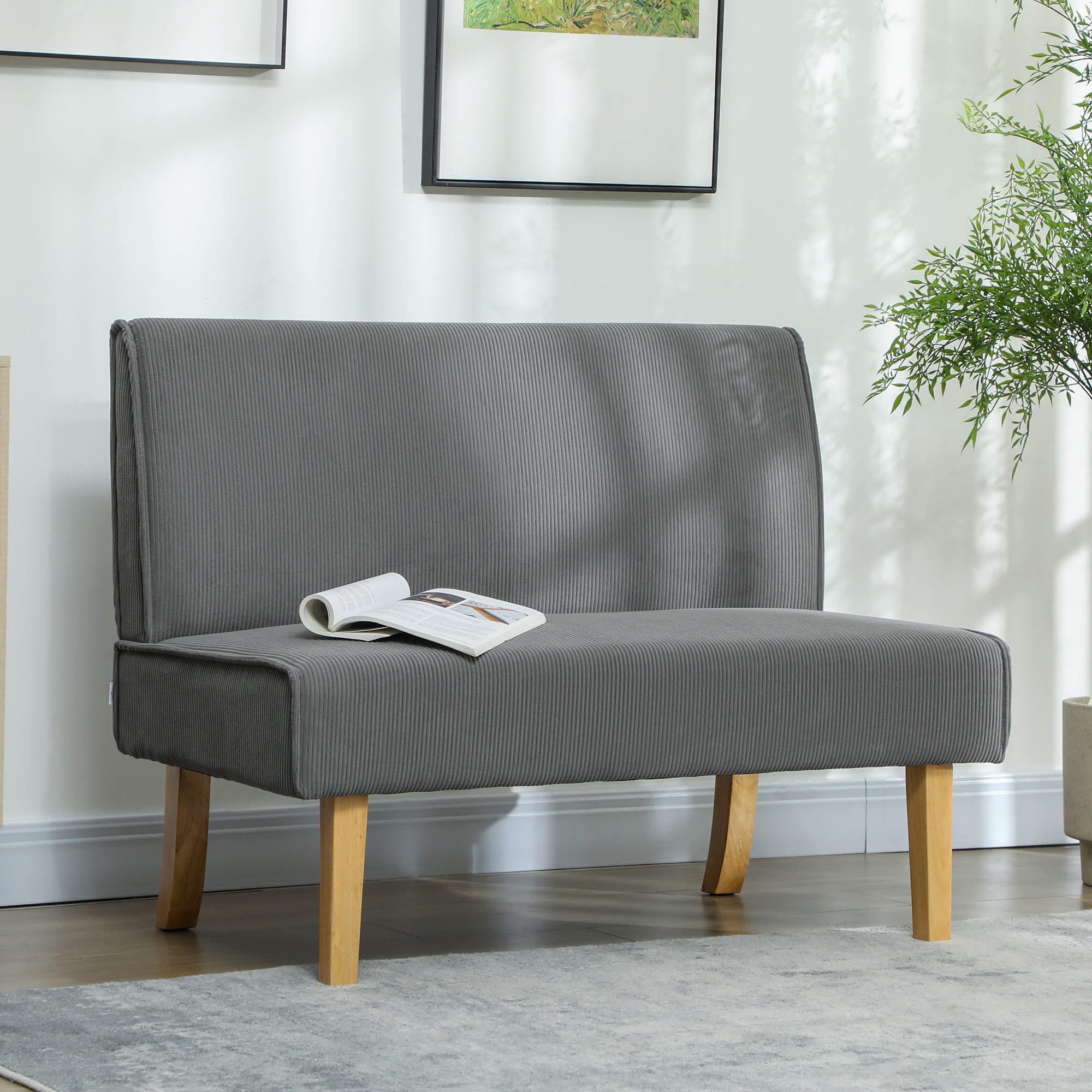 HOMCOM 2-Sitzer Sofa, Couch mit Cord-Optik, Holzbeine, Gepolsterter Polstersofa, 1 Teile, für Schlafzimmer, Wohnzimmer, 110 x 62 x 85 cm, Grau