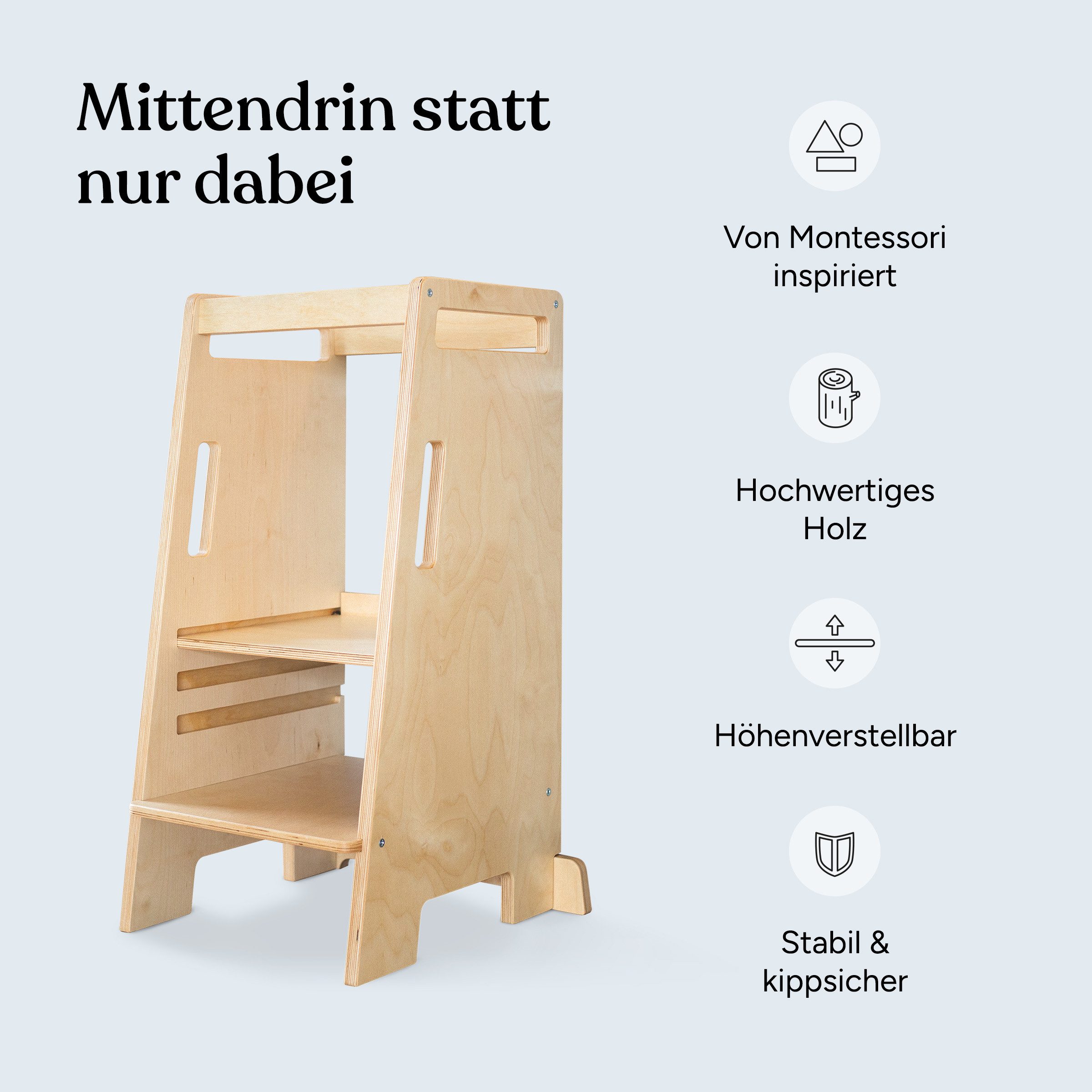 Ehrenkind Stehhilfe Lernturm Entdeckerturm Montessori 4-fach höhenverstellbar (Extra kippsicher & stabil), aus hochwertigem Birkenschichtholz, Lernturm ab 1 Jahr, Made in Europe