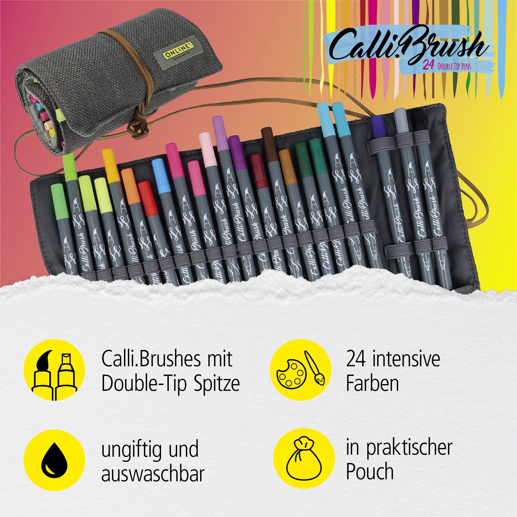 Online Pen Kalligraphie-Stift Calli.Brush, 24x Handlettering Stifte Set, bunte Brush Pens, verschiedene Spitzen