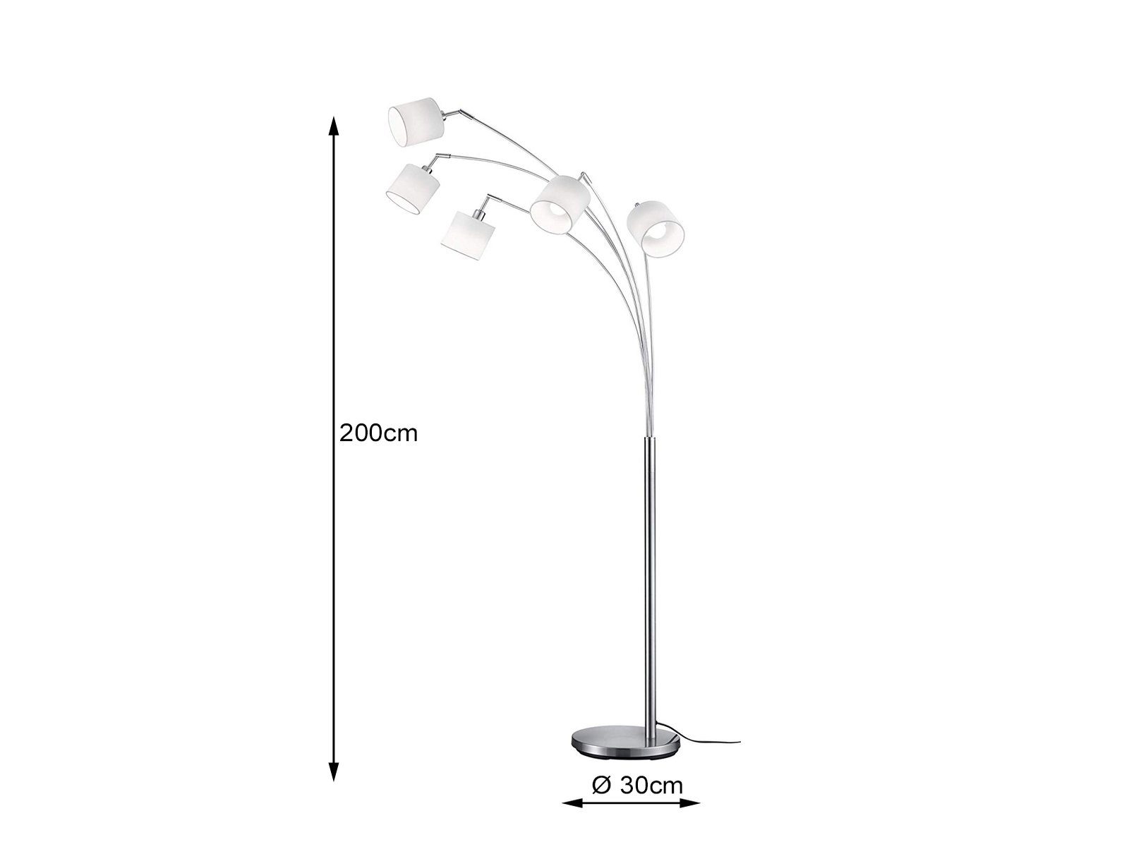 Reality Leuchten LED Stehlampe 5-flammig mit Stoffschirmen, Höhe 200cm, dimmbar, LED wechselbar, Warmweiß, große Stehleuchte gebogen inkl. E14 LEDs, Wohnzimmer  – Bild 4 von 5
