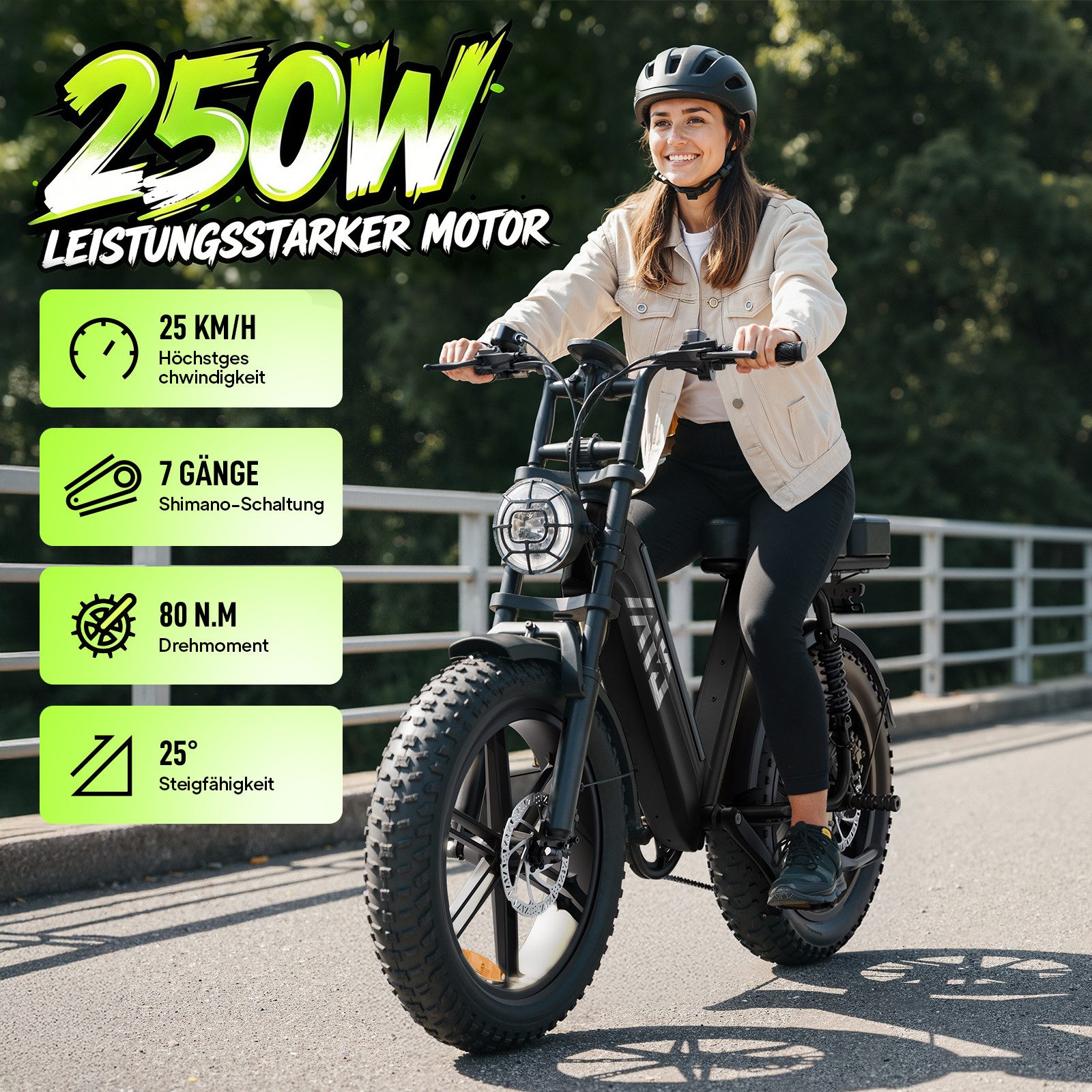 SISIGAD E-Bike Mountainbike 20'' Fat Tire E-Bike 48V 15AH,250W, Herausnehmbarer Akku, APP, R7, Shimano, Heckmotor, 720 Wh, 7-Gang Schaltung,100 km Reichweite(PAS) für Alltag und Freizeit