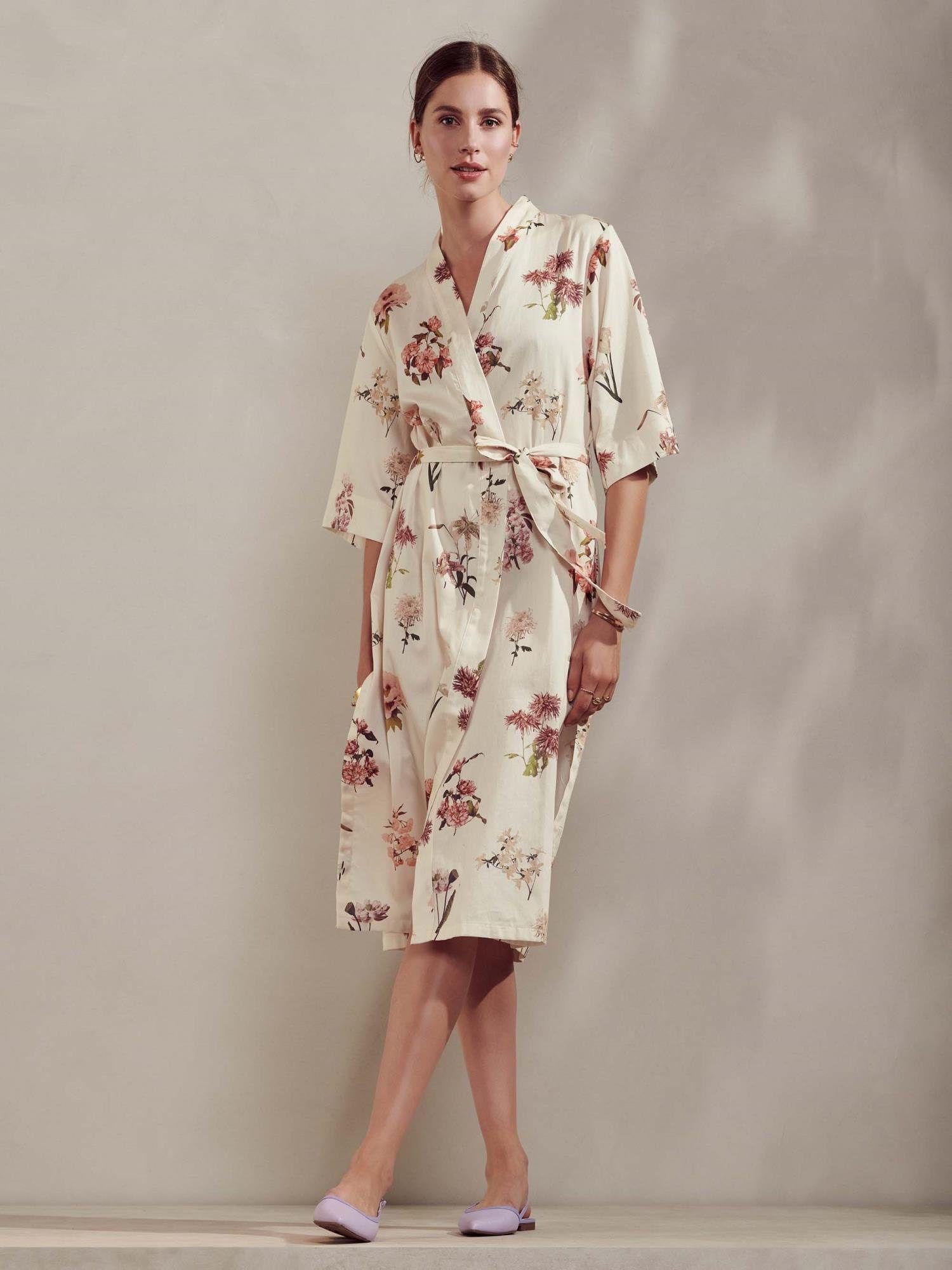 Essenza Kimono Ilona Annebella, Langform, Baumwoll-Mischung, Kimono-Kragen, Gürtel, aus einer Modal-Baumwollmischung, mit Blumenprint