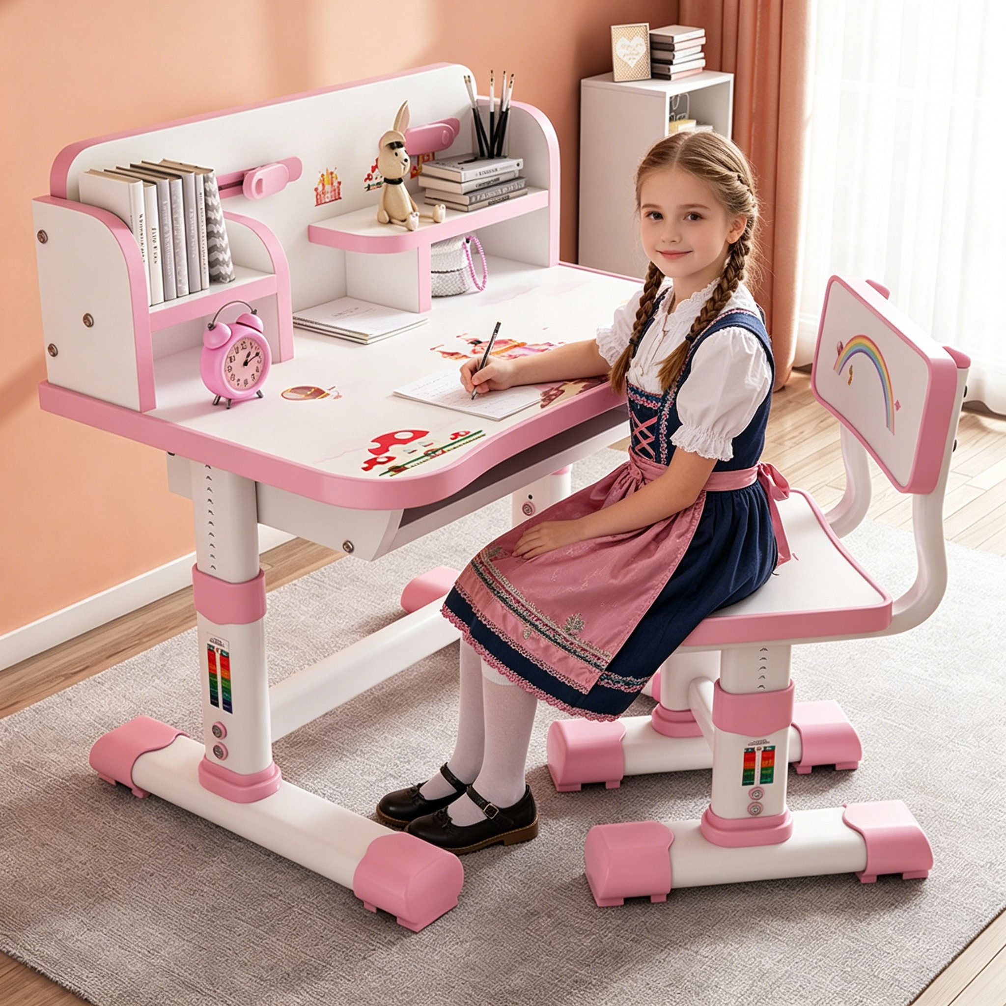 Rutaqian Kinderschreibtisch Kinderschreibtisch mit Bücherständer, Schüler-Schreibtisch und Stuhl (Ein Tisch und ein Stuhl), Ergonomischer Cartoon Design Kinderschreibtischstuhl, Einfache Montage