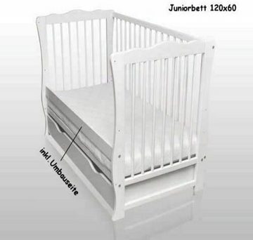 Dedstore-Baby Babyzimmer-Komplettset Kinderbett Bett Juniorbett weiß 120x60 Schublade, (Spar-Set), Babybett inkl. Zubehör Bettwäsche Set Falbel Himmelstange Matratze