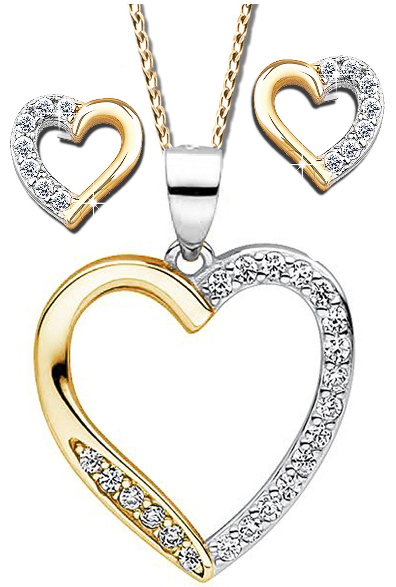 Limana Schmuckset Herz Kette mit Ohrringe 925 Silber Halskette Ohrstecker Gold vergoldet (inkl. Geschenkdose Frauenschmuck Herzanhänger Herzohrringe), Liebesgeschenk Liebe Geschenk Set für Sie Frauen Damen Freundin Mutter