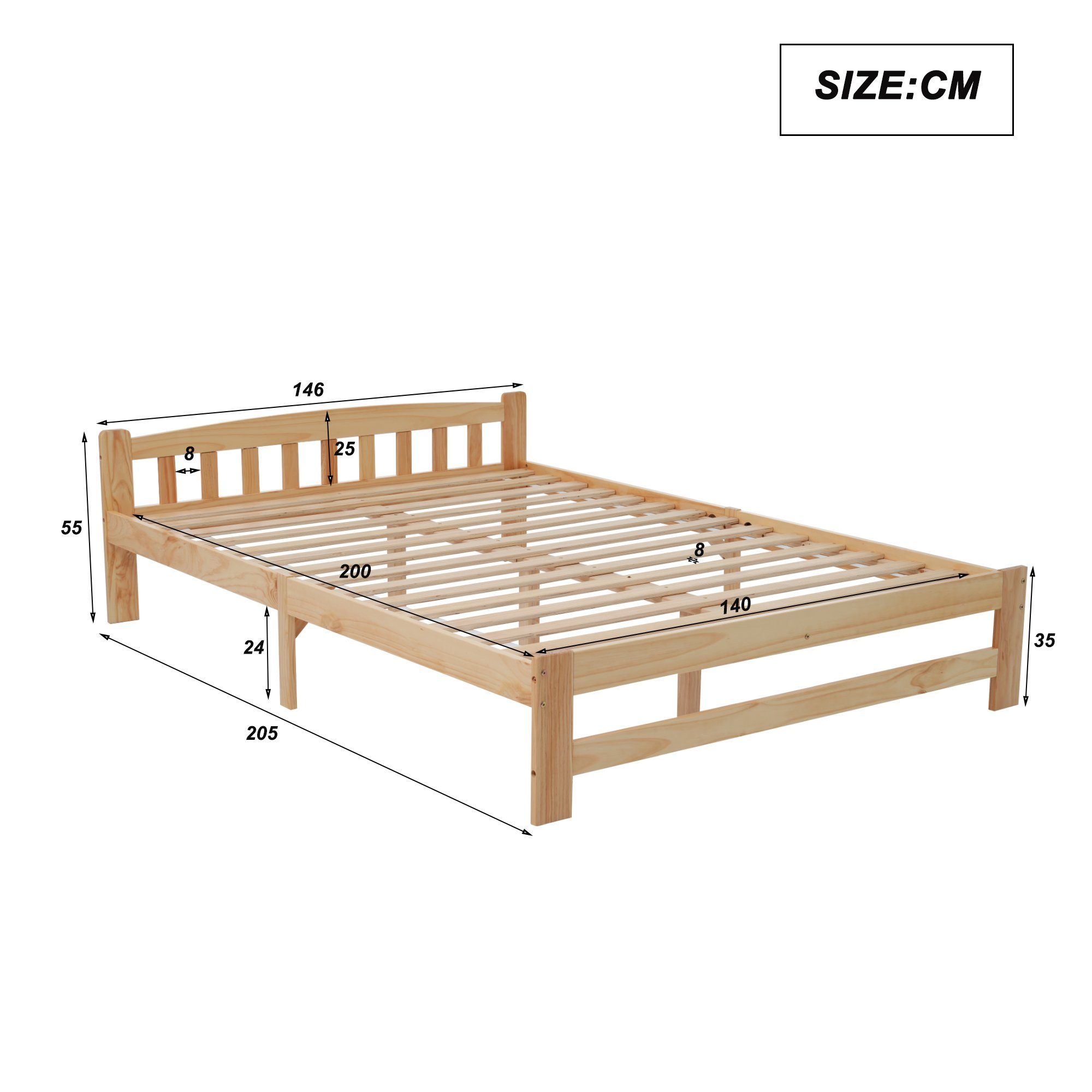 Massivholzbett (Futonbett), Doppelbett mit Kopfteil und Lattenrost, 140x200 cm