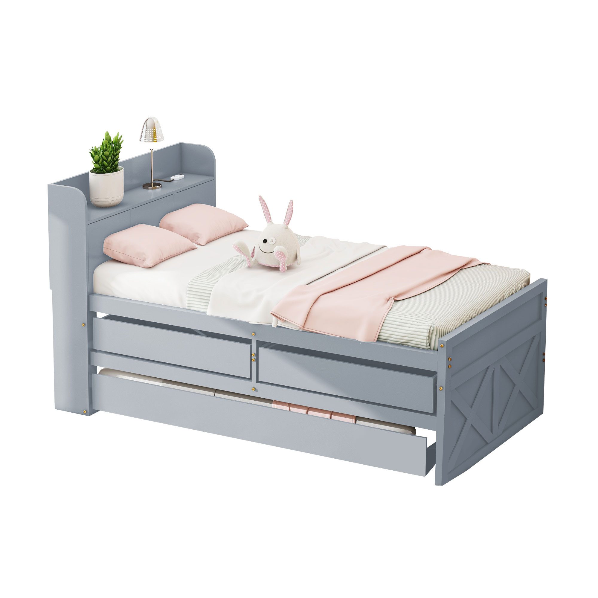 Merax Einzelbett, Massivholzbett Einzelbett 90x190cm mit Ausziehbett und USB