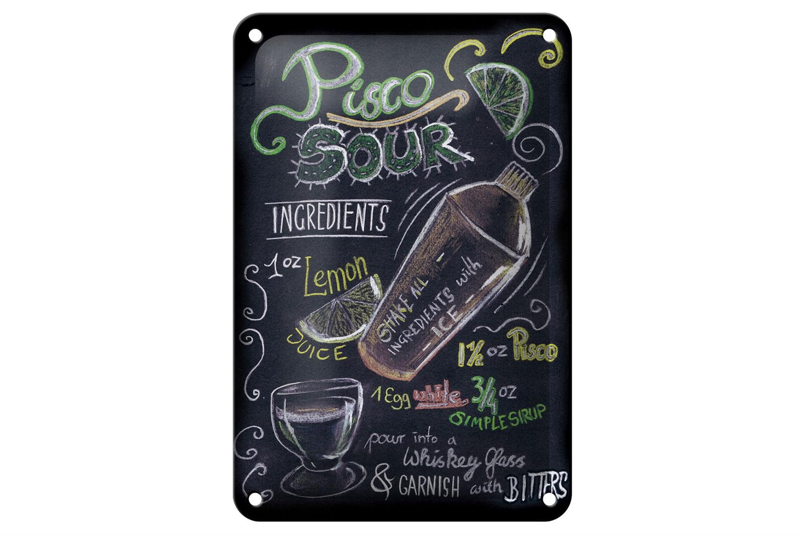 Femer GmbH Metallschild Cocktail 12x18cm Rezept Pisco Sour, (1 St), gewölbte Oberfläche, abgerundete Ecken, umgeschlagene Kanten