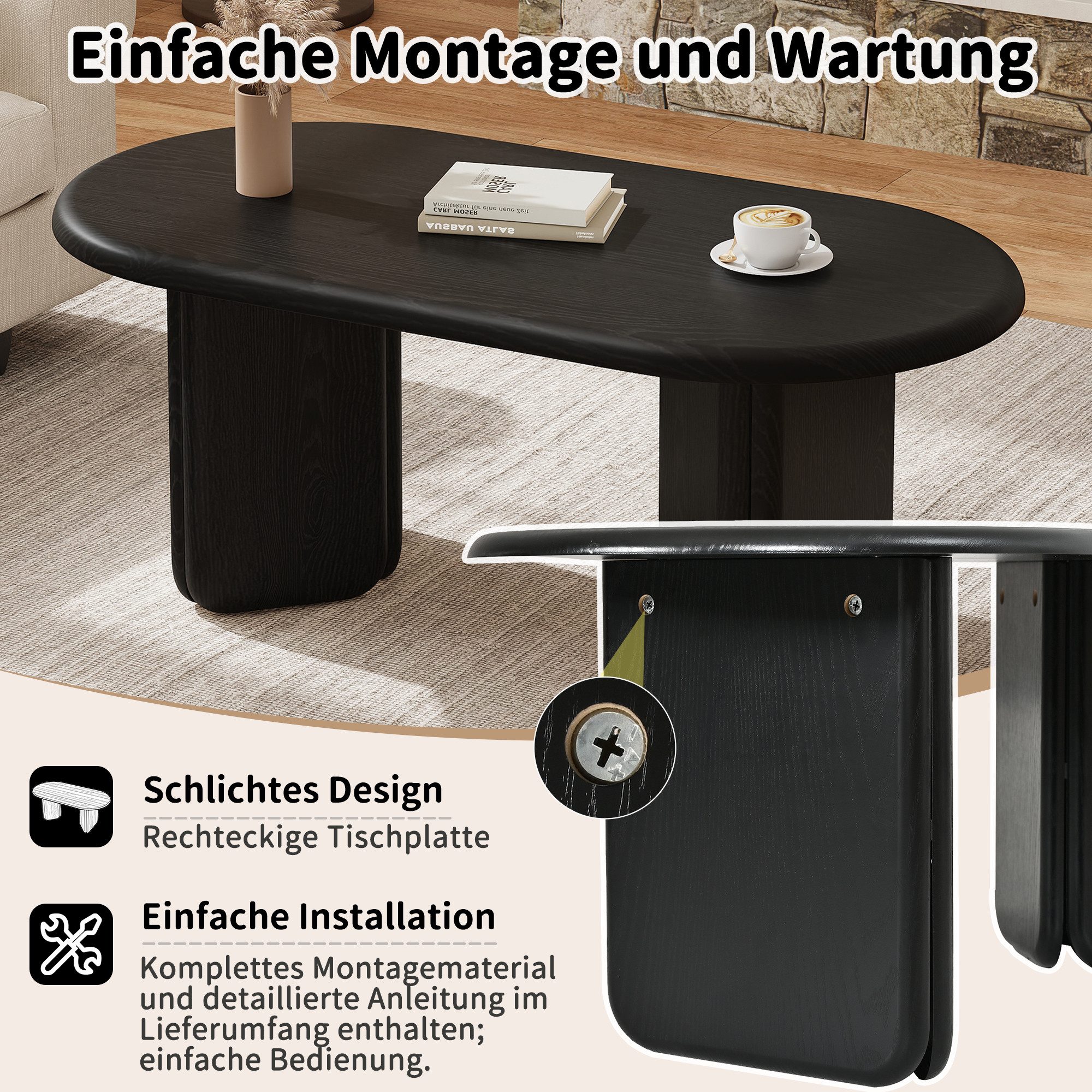 Merax Couchtisch Ovaler Sofatisch Salontisch mit dekorativen abgerundeten Beinen (1-St), Retro Beistelltisch in Schwarz-Optik, Wohnzimmertisch 99×50×40cm – Bild 4 von 5