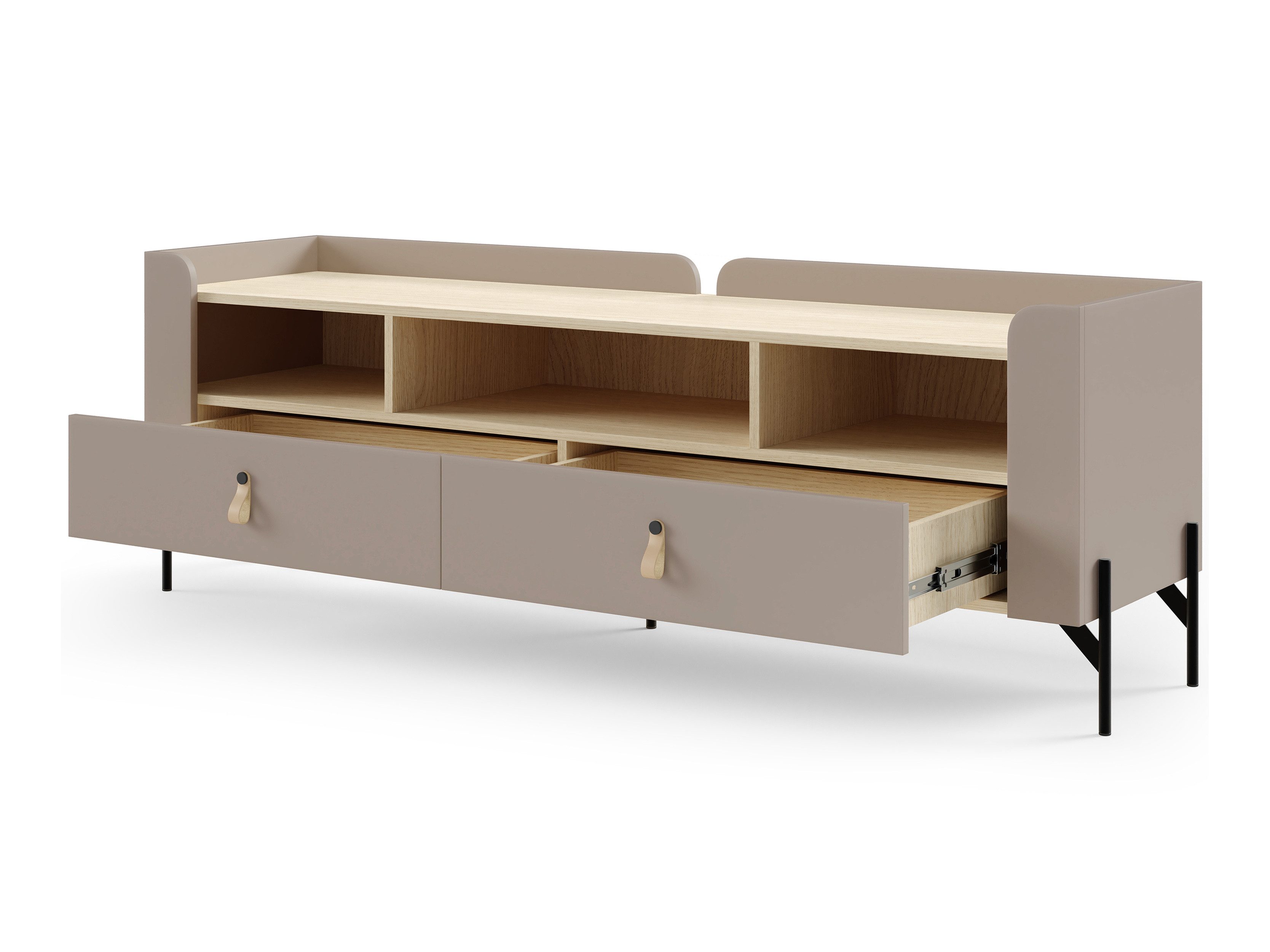 Beautysofa TV-Schrank SORELLA mit 2 Schubladen, 160 cm (modernes Lowboard mit 3 offenen Fächern, Metallfüßen und Designergriffen aus Leder) Porcini oder Macadamia mit Eiche Mavelie