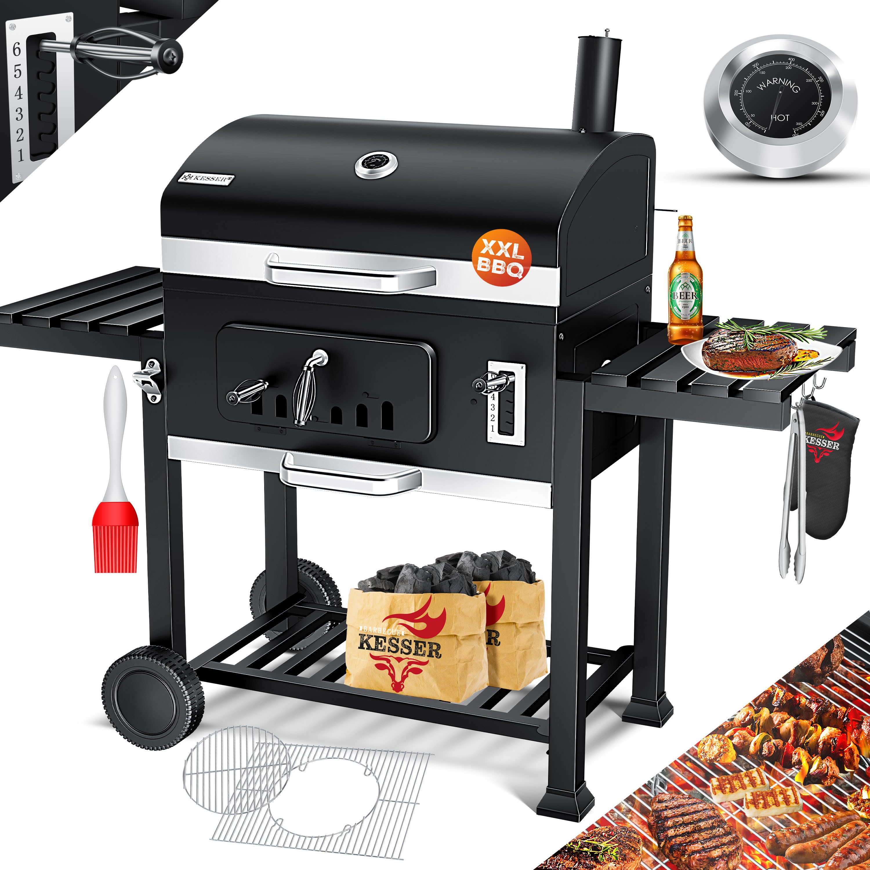 KESSER Holzkohlegrill Grill Grillwagen BBQ Smoker XXL Holzkohlegrill mit Deckel, Rädern, Edelstahl-Griff, Grillrost und Thermometer Standgrill Kohlegrillwagen