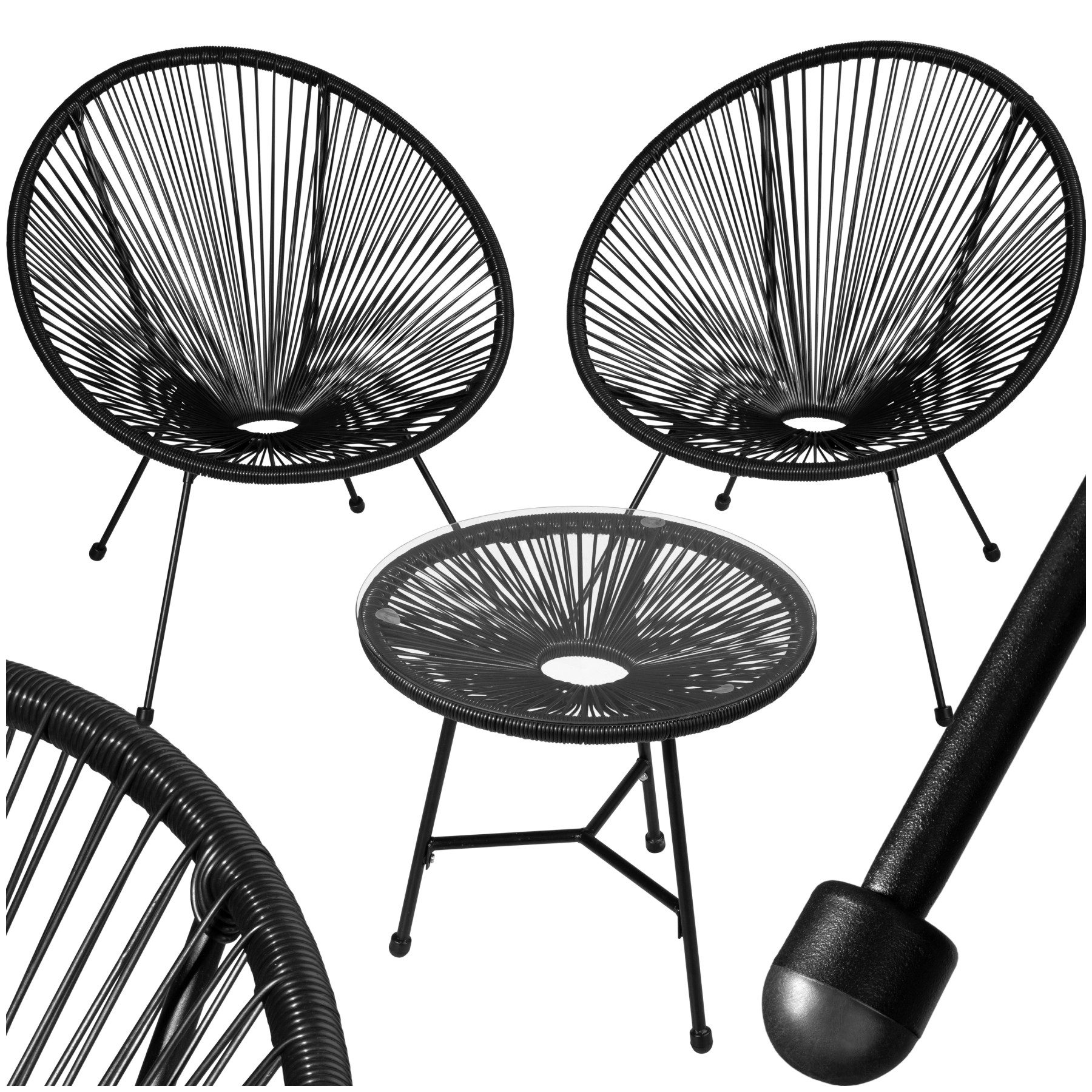 tectake Essgruppe Balkonset mit Sicherheitsglasplatte, Belastbarkeit Stuhl 120 kg, (Gartensessel, 3-tlg., in schwarz), Retro-Design im Acapulco-Stil, widerstandsfähig, UV-beständig