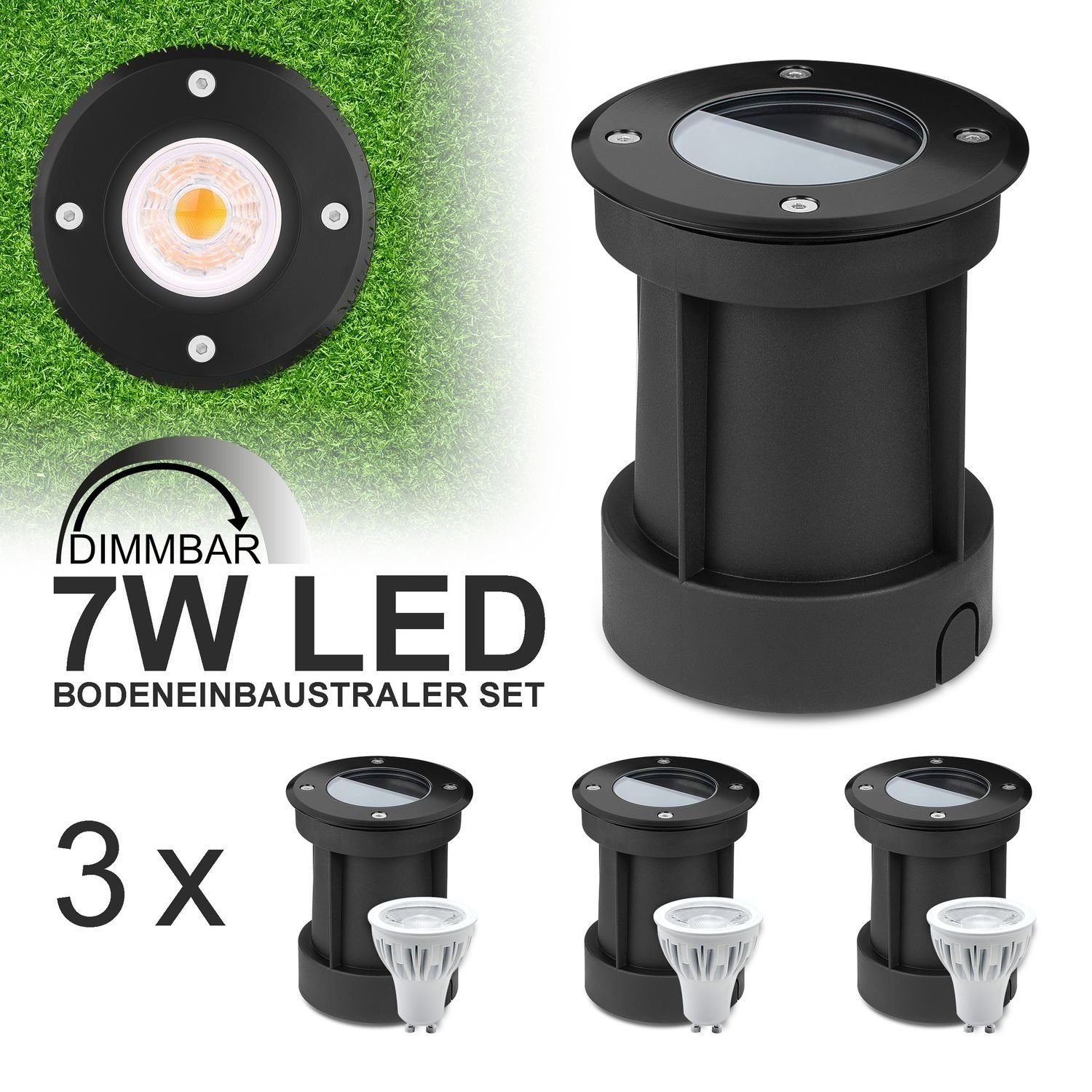 LEDANDO LED Einbaustrahler 3er LED Bodeneinbaustrahler Set Schwarz mit LED GU10 Markenstrahler vo