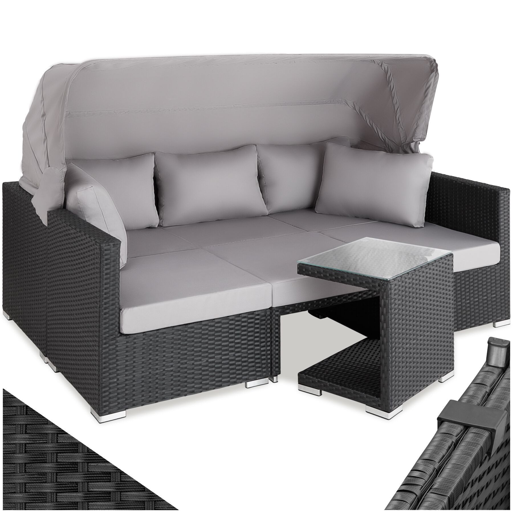 tectake Loungeset Rattan Sitzgruppe, Sicherheitsglasplatte, für 5 bis 6 Personen, (Gartenlounge-set San Marino, 7-tlg., geeignet für Outdoor in Schwarz), wetterfest und UV-beständig, Dicke der Polster 10 cm