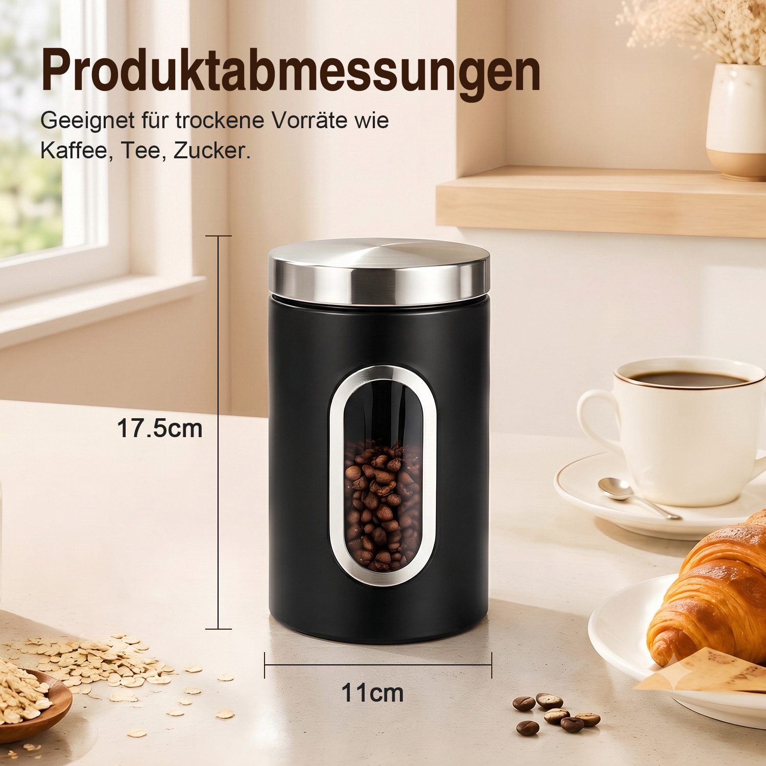 HEYHIPPO Kaffeedose 3er Set Kaffeedosen Edelstahl – luftdicht, mit Sichtfenster, 17,5×11cm, (Set, zur Aufbewahrung von Kaffee, Tee, Zucker, für Küche & Vorrat), – Bild 2 von 5