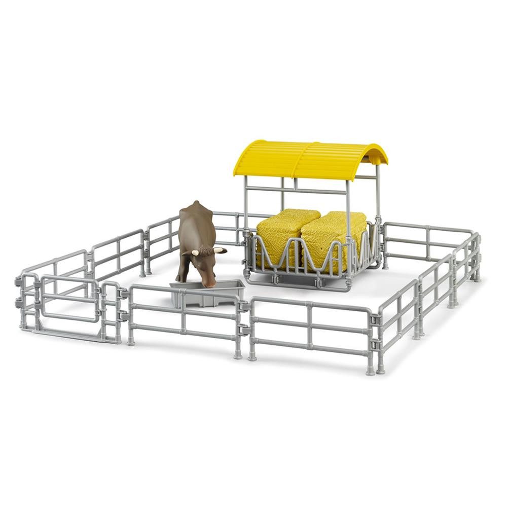 Bruder® Spielwelt Zubehör 62612 Heuraufe mit Zäunen und Trog Spielzeug Bauernhof Set, Rind Futterraufe Quaderballen Weidezaun bworld Landwirtschaft
