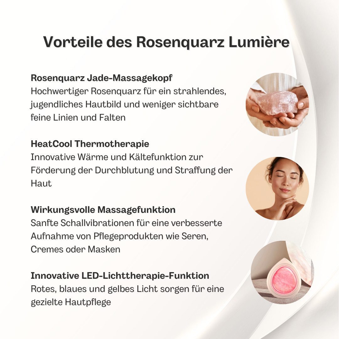BeautiQ Gesichtsmassagegerät Rosenquarz Lumière, Anti-Aging Wunder, Beautygerät Gesicht, faltenfrei, 3 Stufen LED-Therapie für strahlende, rosige Haut, Rosenquarz Stein