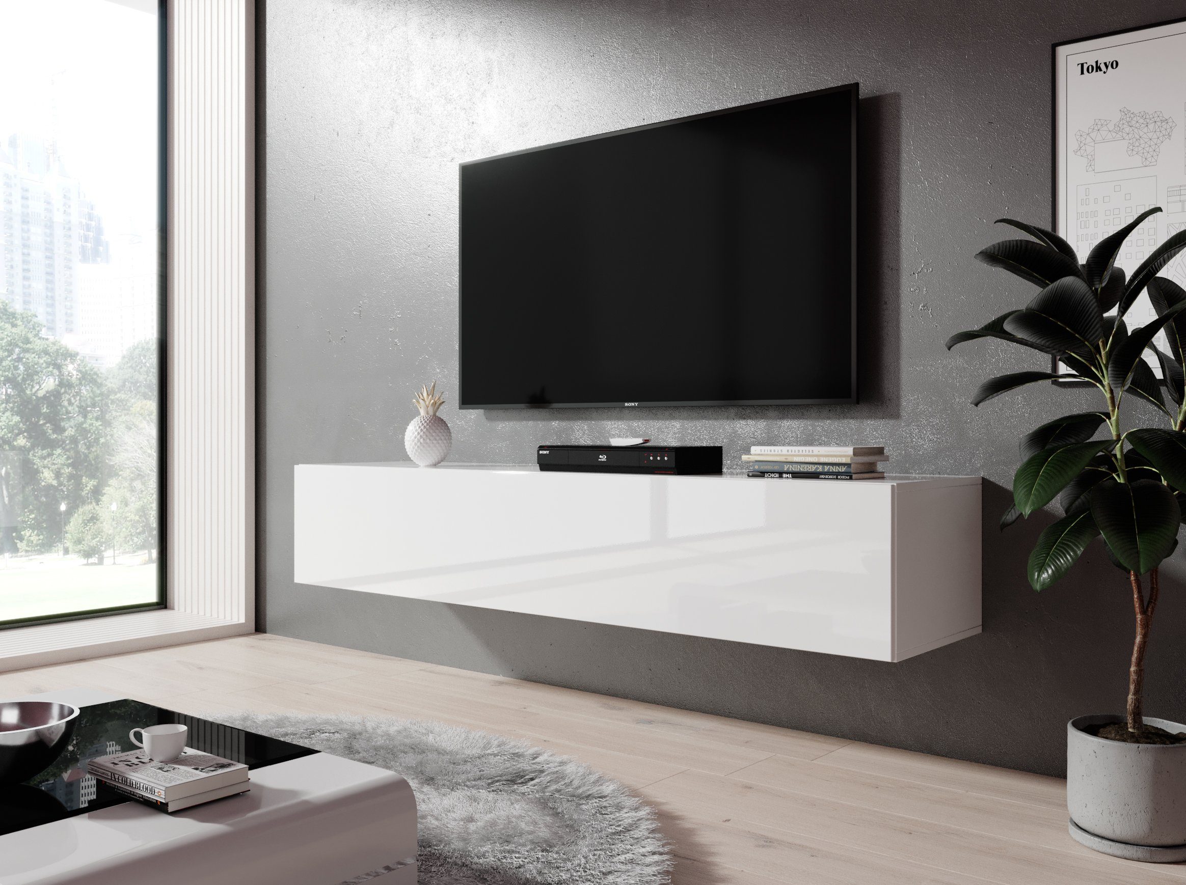 Furnix TV-Board Hängeboard ZIBO Lowboard TV-Schrank modern, Breite 160 cm, Höhe 34 cm, Tiefe 40 cm Weiß-Hochglanz