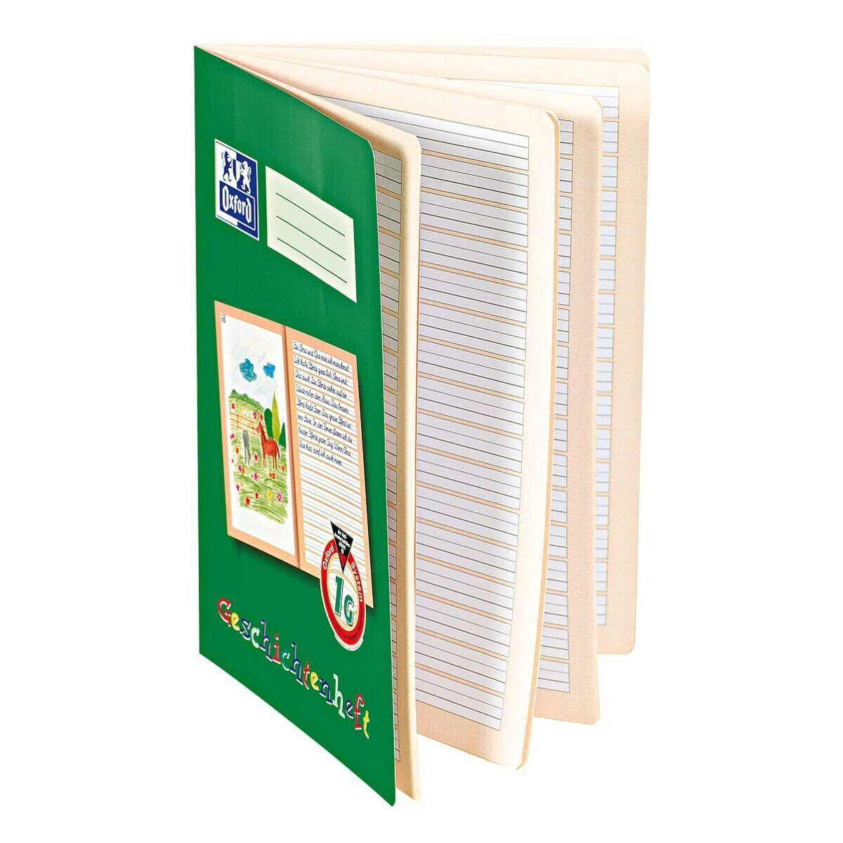 OXFORD Schulheft, Geschichtenheft, A4, liniert (Lineatur 1G), Innen-/Außenrand, 16 Blatt