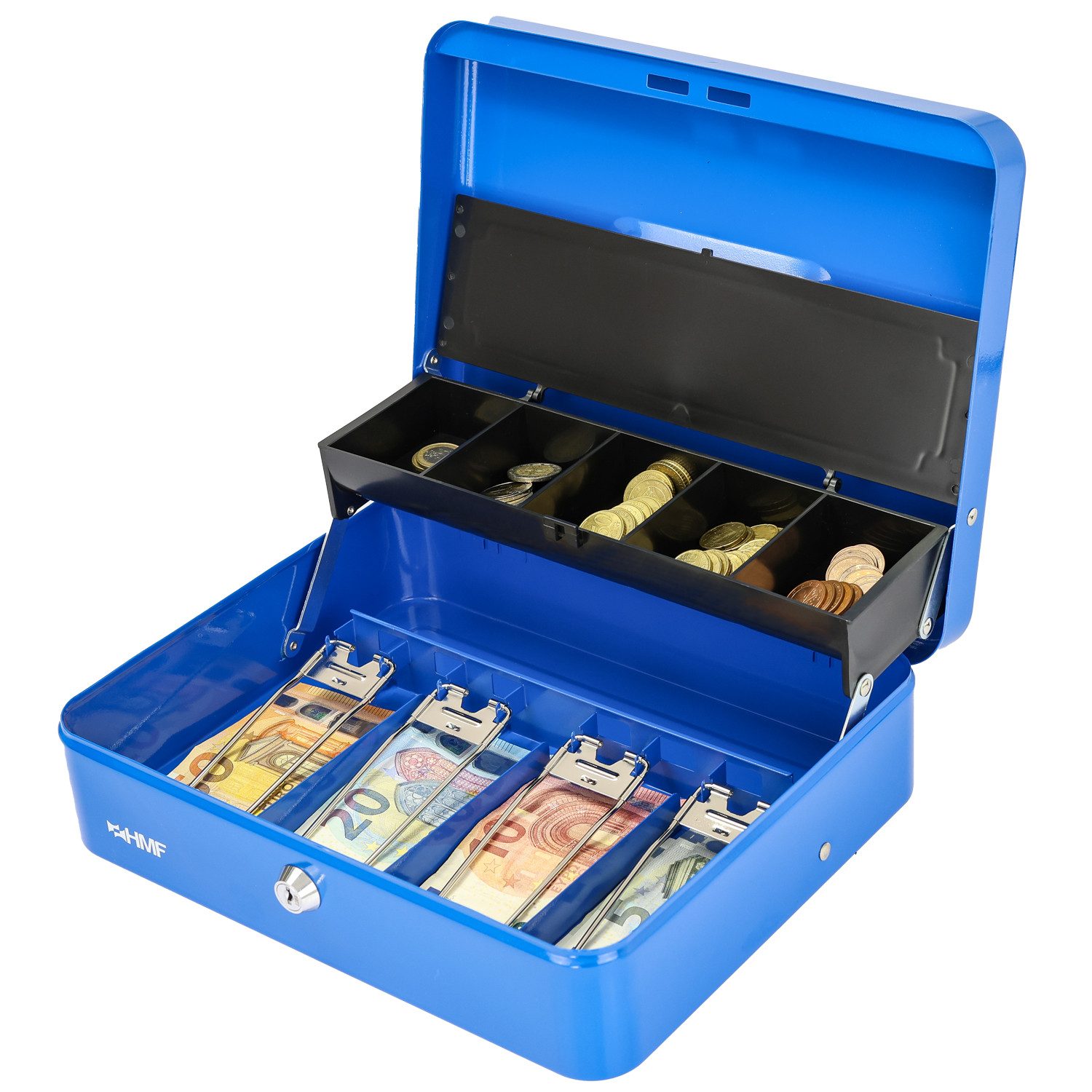 HMF Geldkassette Geldkassette abschließbar mit Münzeinsatz, und 4 Scheinfächer mit Klammer, 30 x 24 x 9 cm, Blau – Bild 2 von 5