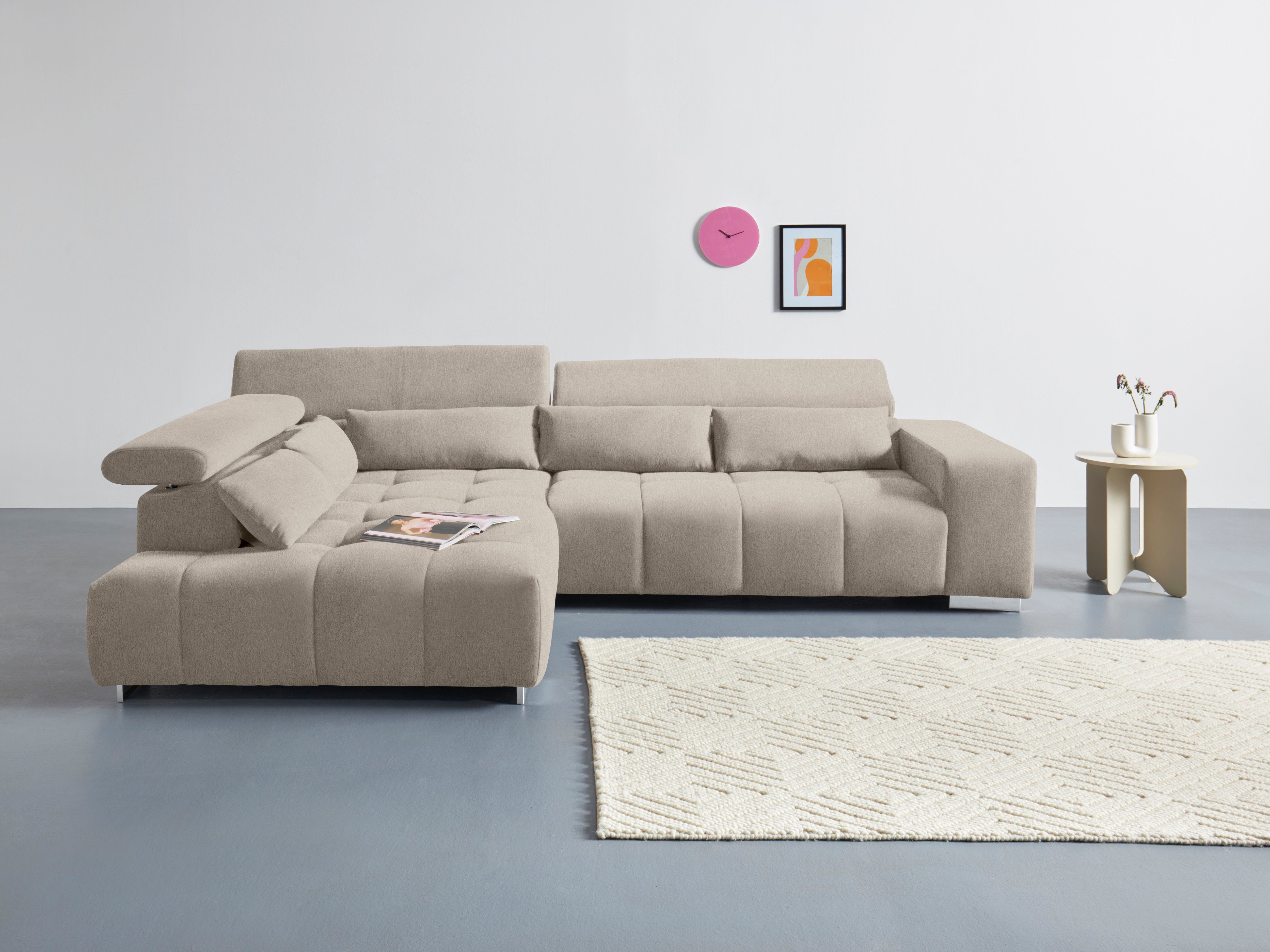 COTTA Ecksofa Orion L-Form, B: 310 cm, moderne Steppung, bequeme Wellenunterfederung, Kopfteilverstellung & 5 Nierenkissen