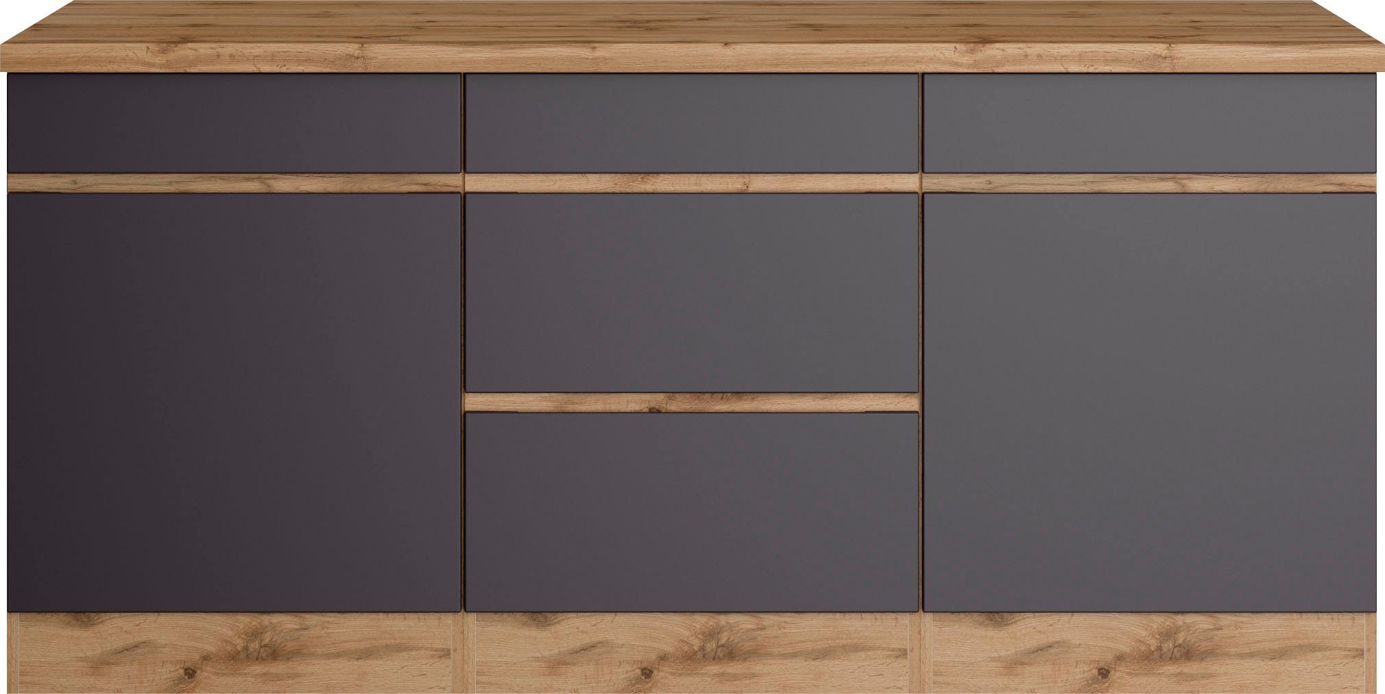 Matt grau | Korpus: wotaneiche | Arbeitsplatte: wotaneiche