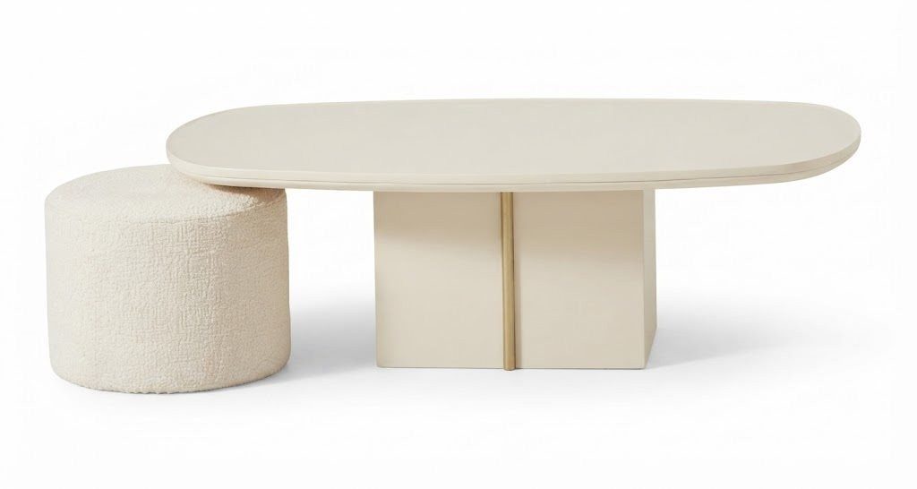 JVmoebel Couchtisch Modernes Couchtisch Set mit Hocker Oval Beige Holz Bouclé Tisch (2-St., 2-tlg)