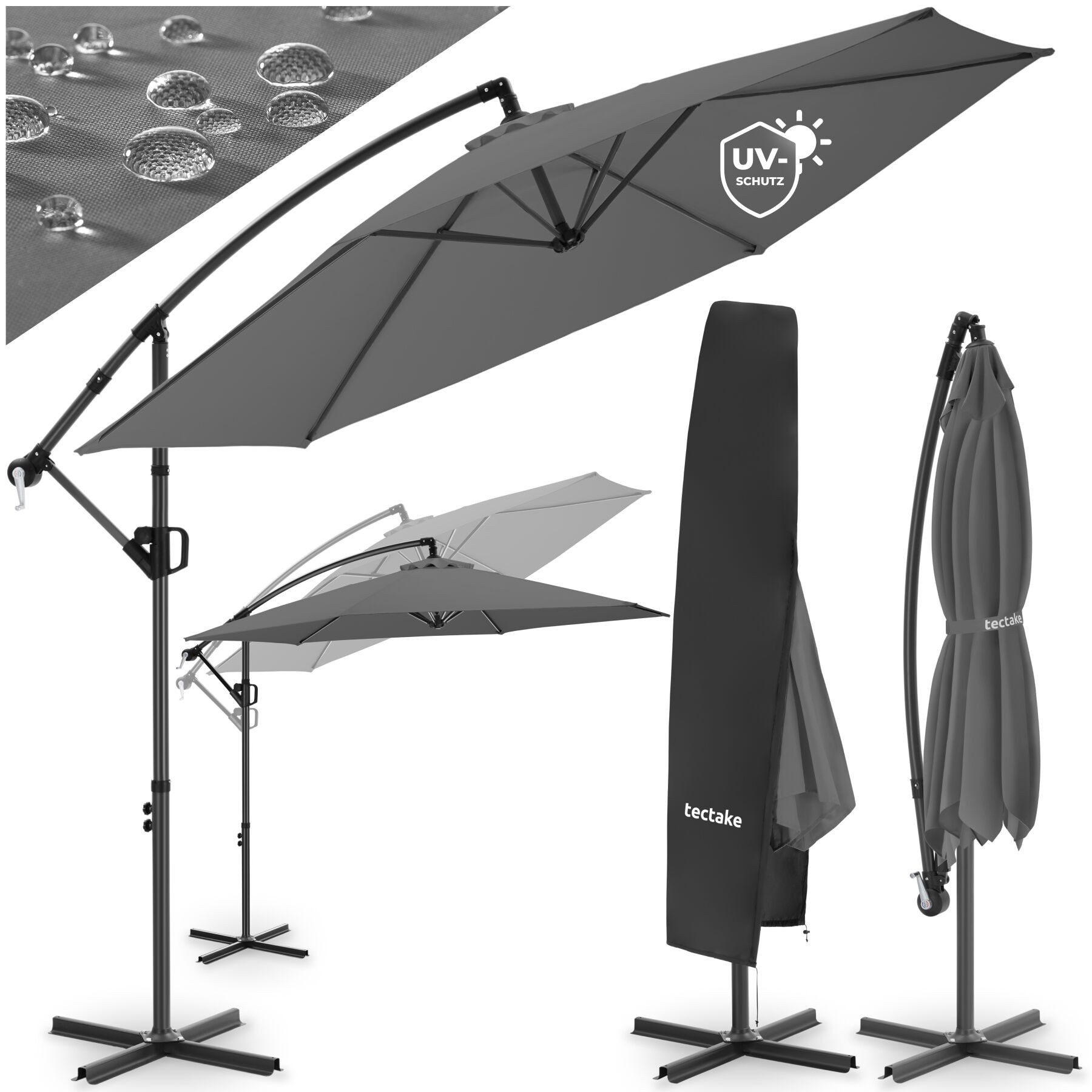 tectake Ampelschirm Sonnenschirm mit Doppeldach, inkl. Schutzhülle, 3 x 3 m, Balkonschirm Artemis, für Außen in Grau, 360° drehbar, wasserabweisend, neigbar, Kurbelmechanismus