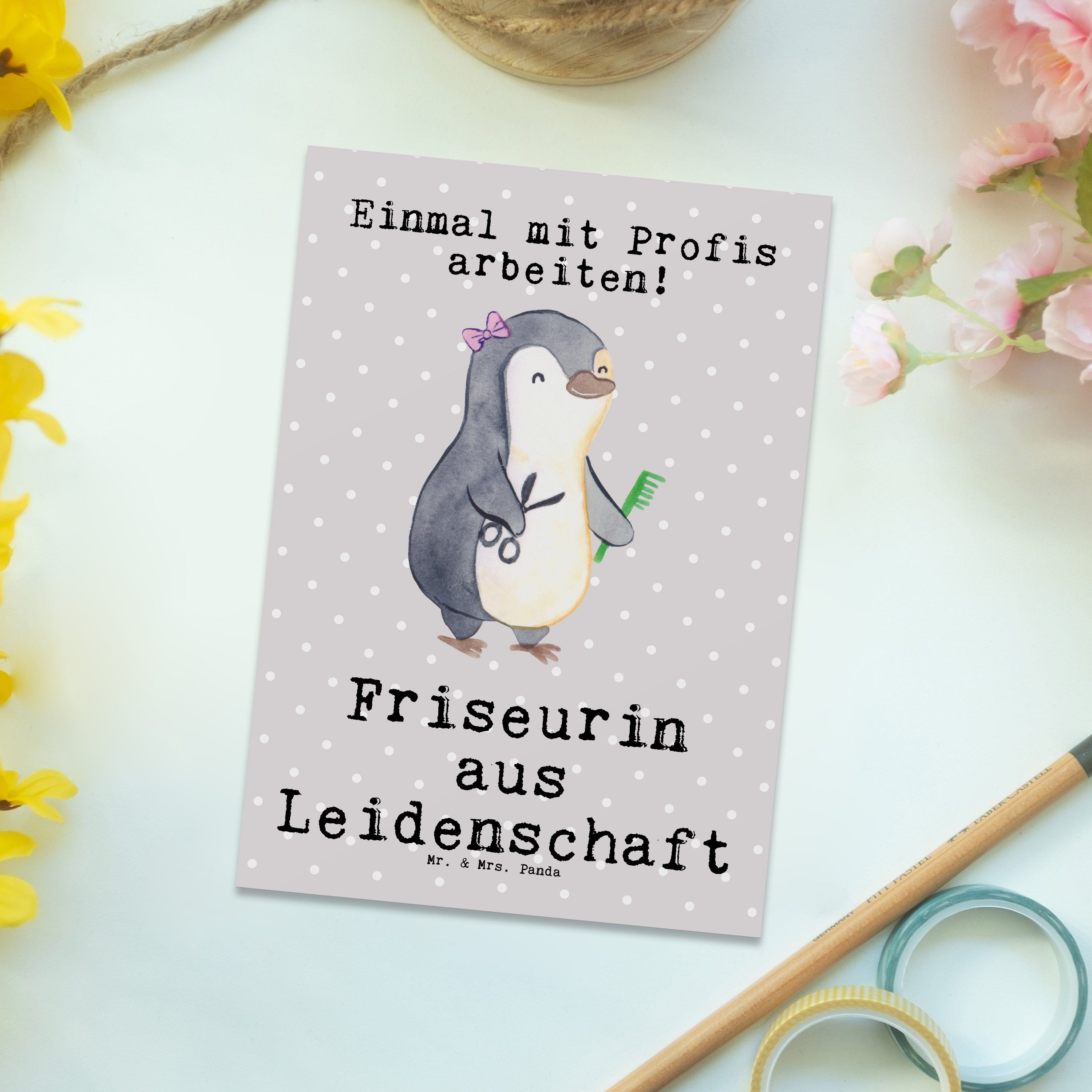 - & Panda - Mitarbeiter, Leidenschaft Geschenk, Pastell Grau Mr. Postkarte An aus Mrs. Friseurin
