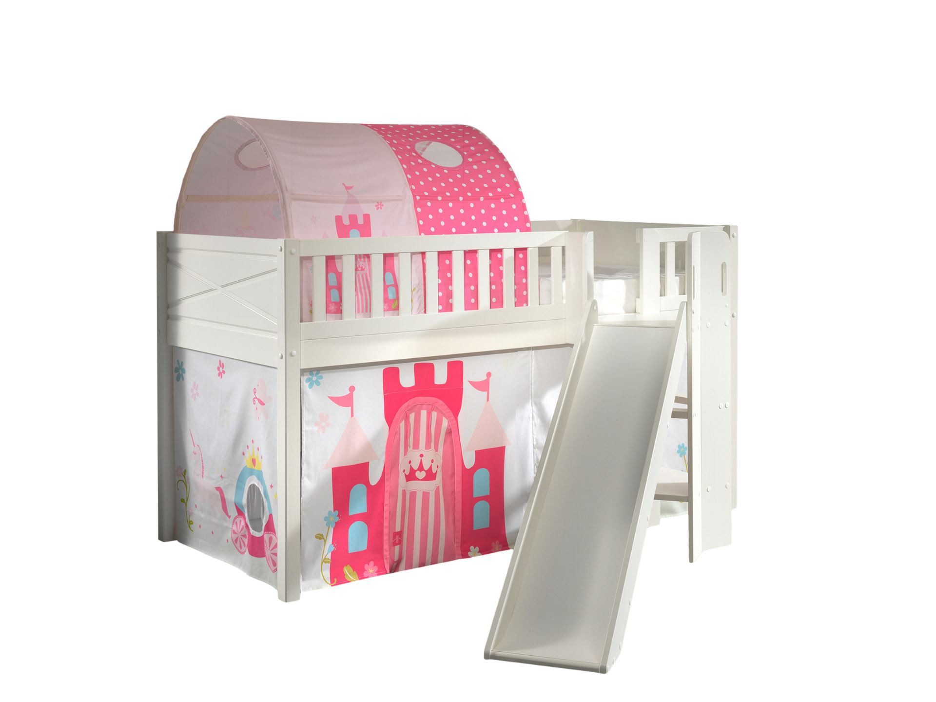 58 aufm Kessel Bettgestell Spielbett mit Rutsche Karyl 208x204x114 Kinderbett Massivholz Princess (inkl. Versand, Lieferung bis Verwendungsstelle), Liegefläche 90 x 200, Rutsche im 33° Winkel, Rolllattenrost, Textilset