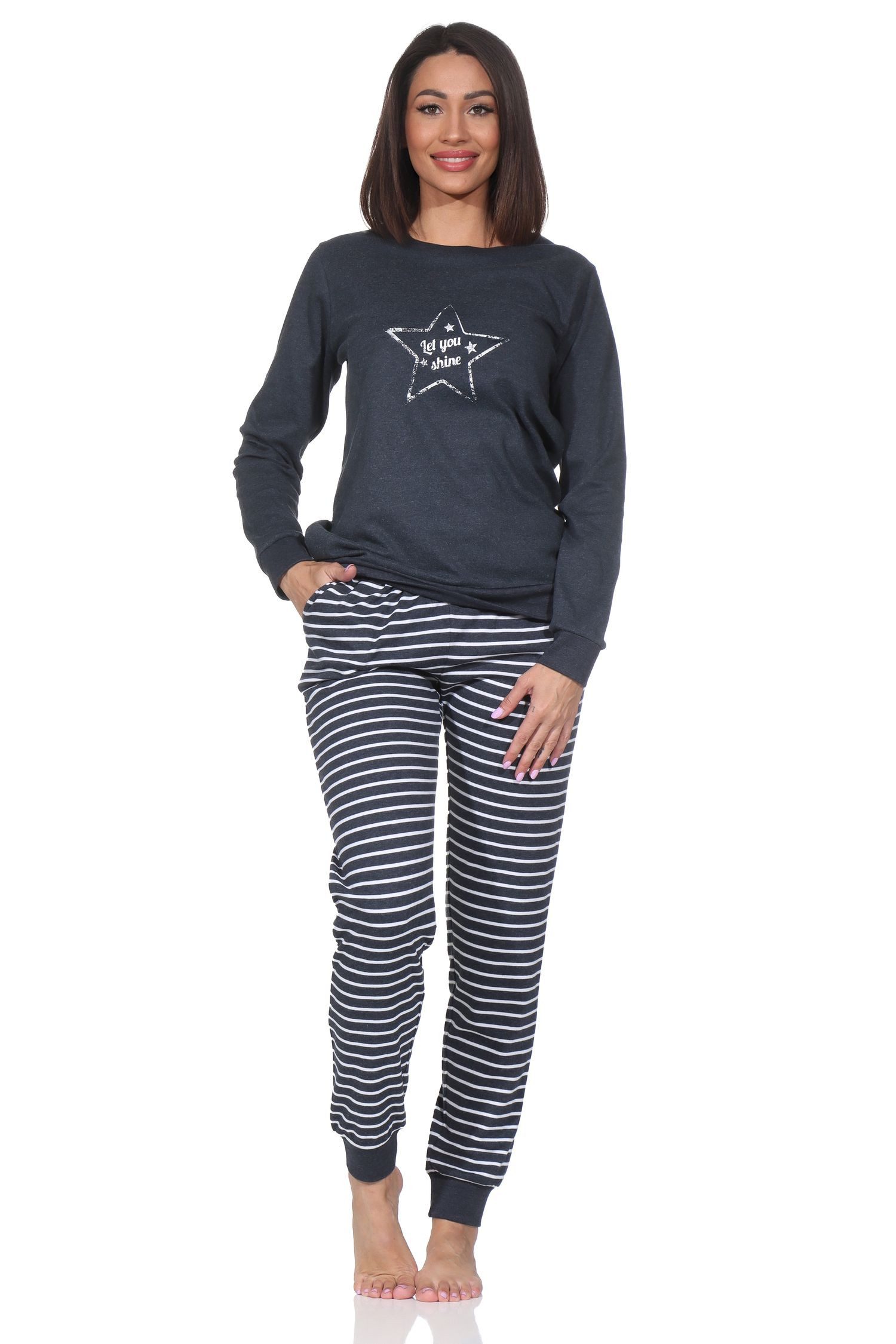 Normann Pyjama Kuscheliger Damen Schlafanzug lang mit Bündchen und Stern Motiv