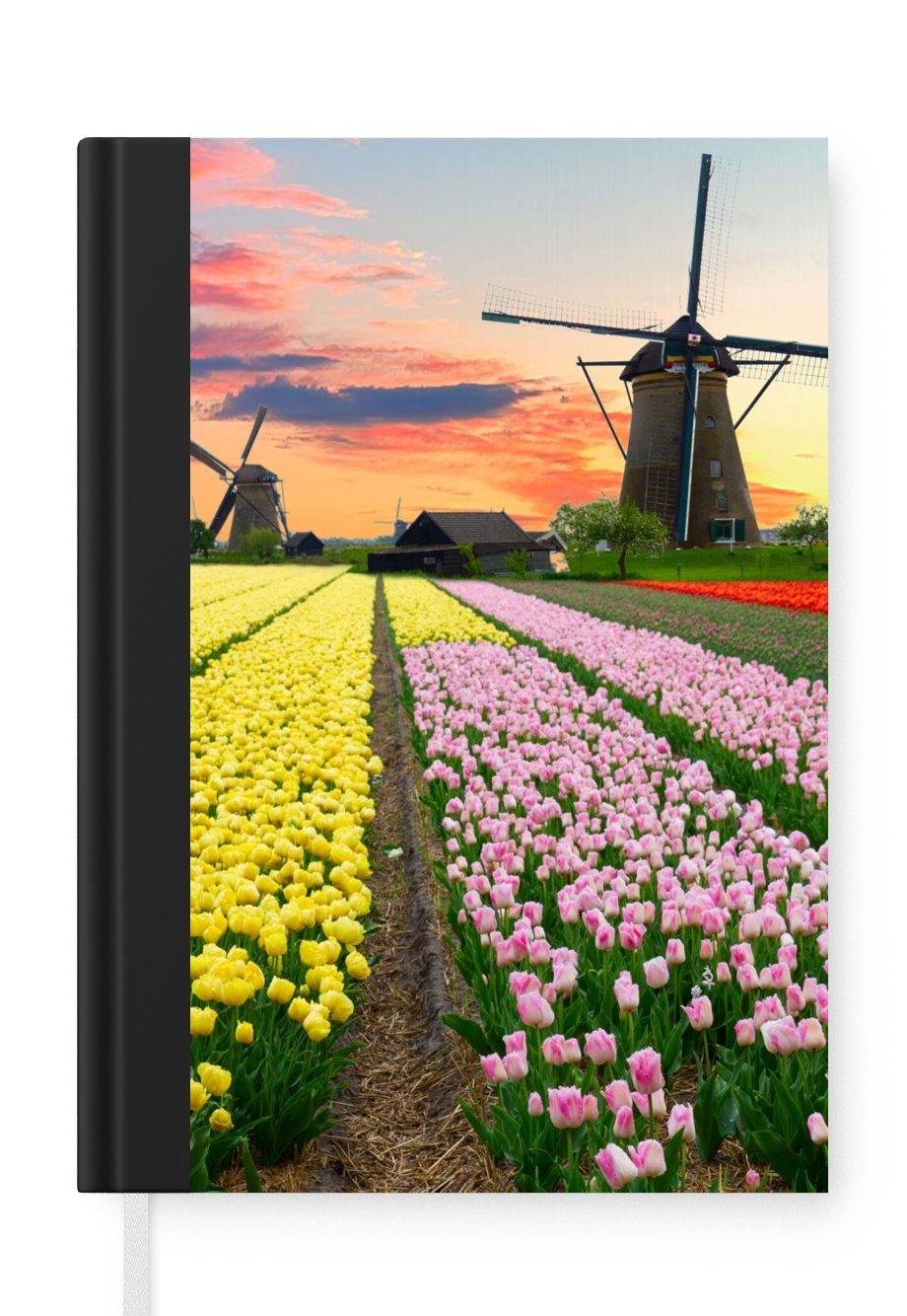 MuchoWow Notizbuch Windmühle - Tulpen - Blumen - Niederlande, Journal, Merkzettel, Tagebuch, Notizheft, A5, 98 Seiten, Haushaltsbuch