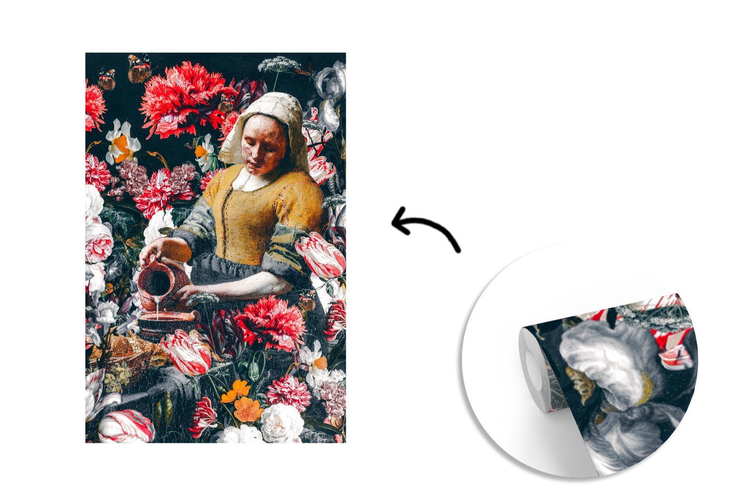 Johannes Vinyl für Rosa, - - Fototapete Montagefertig Vermeer Blumen Milchmädchen MuchoWow Tapete Wohnzimmer, St), bedruckt, (3 Matt, Wandtapete -