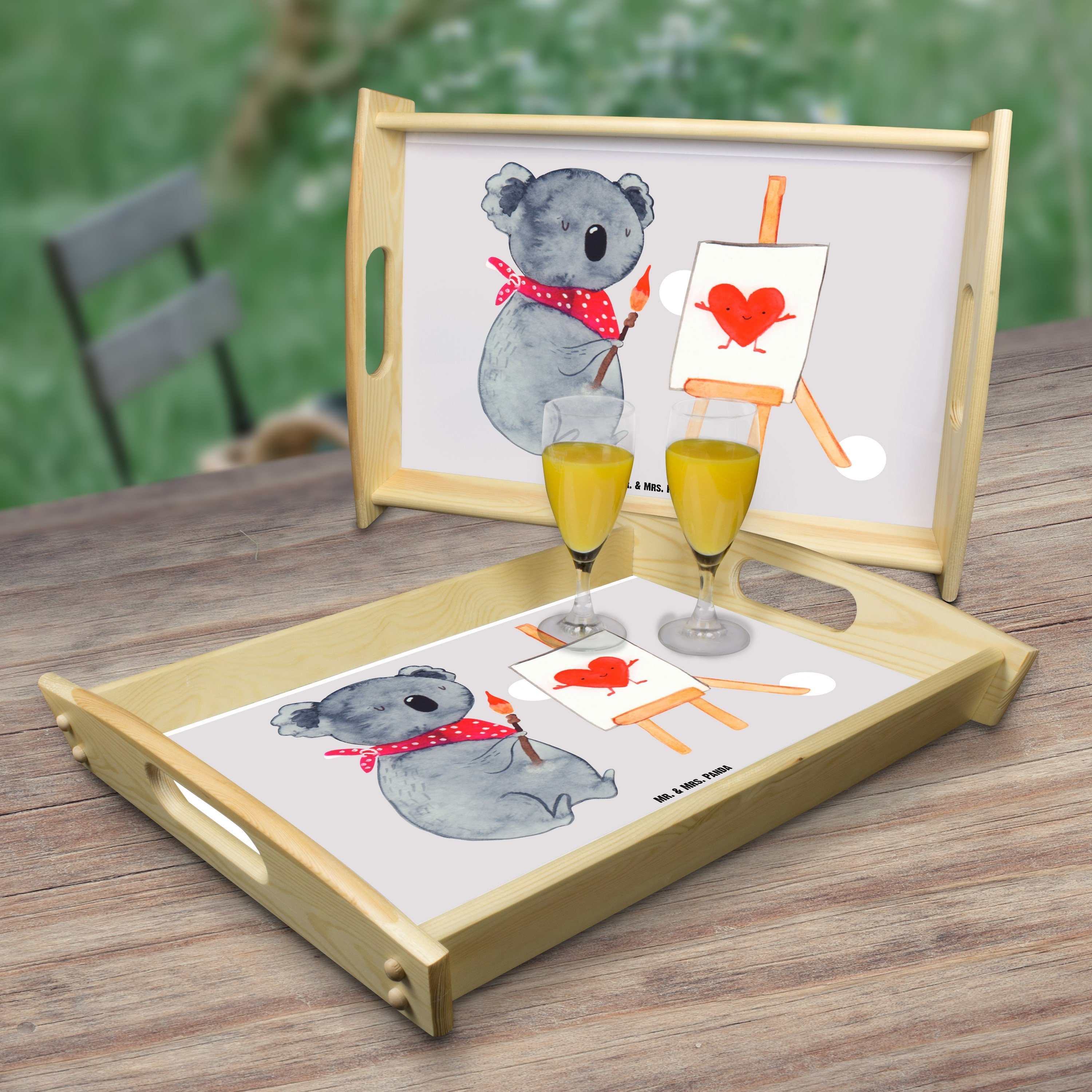Mr. & Mrs. Panda Tablett Liebensbeweis, Koala - Echtholz Frü, (1-tlg) Künstler Geschenk, Gefühle, Pastell - lasiert, Grau
