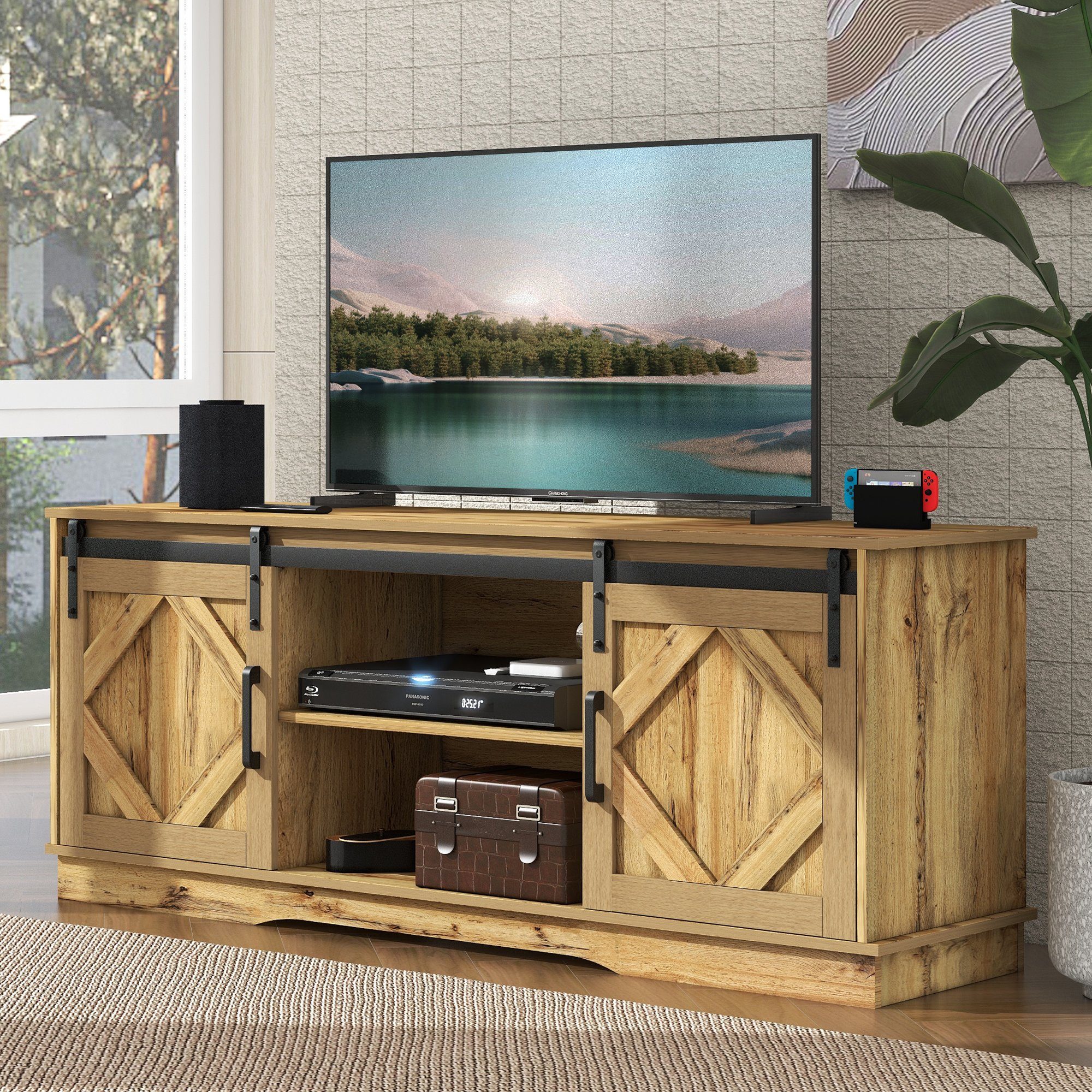 WISHDOR TV-Schrank Fernsehschrank Anrichte Beistellschrank (150*40*60cm Braun) mit 2 klassischen Schiebetüren, Einstellbare Regale | TV-Schränke