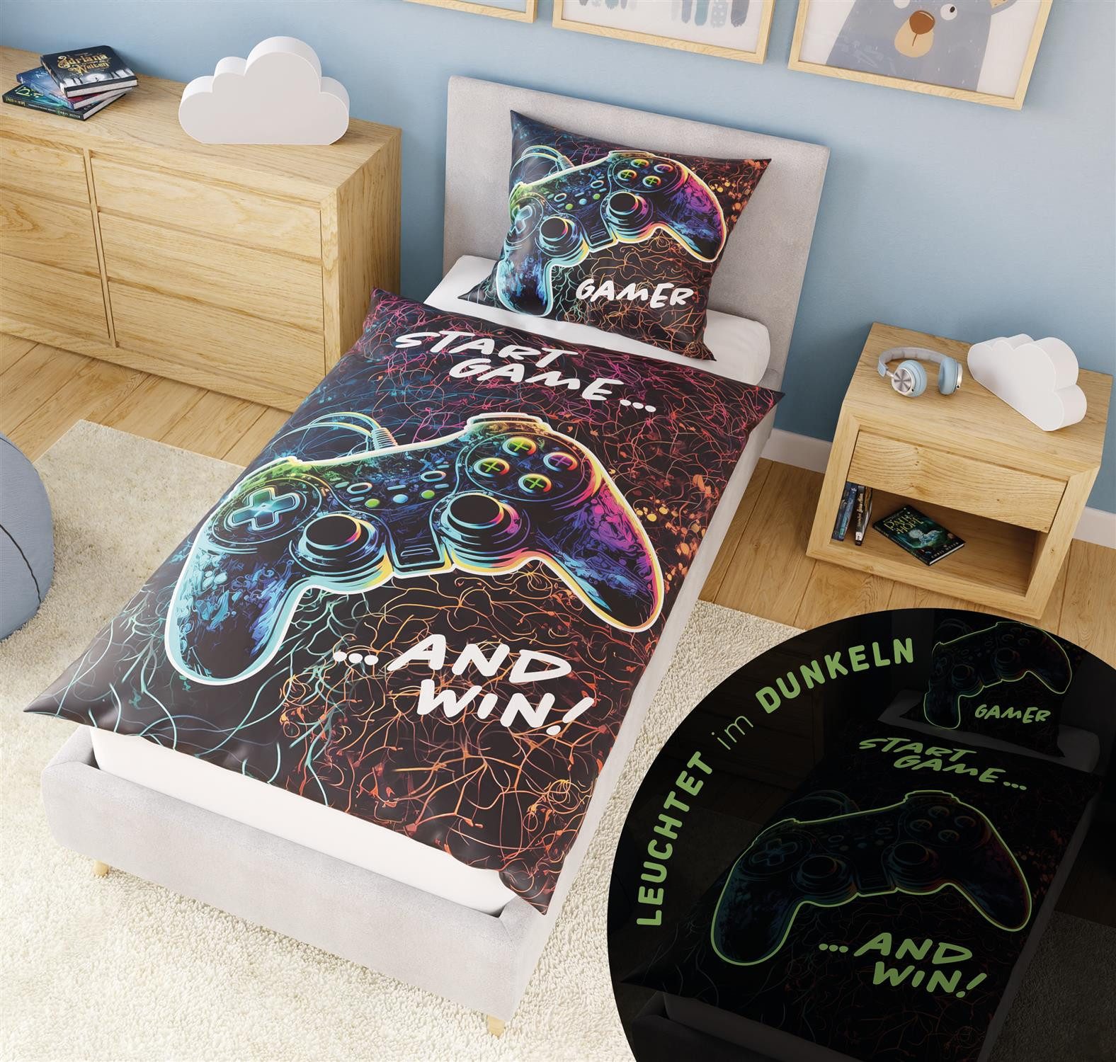 Carpe Sonno Kinderbettwäsche Leuchtende Bettwäsche 135x200 Baumwolle Gamer günstig online kaufen