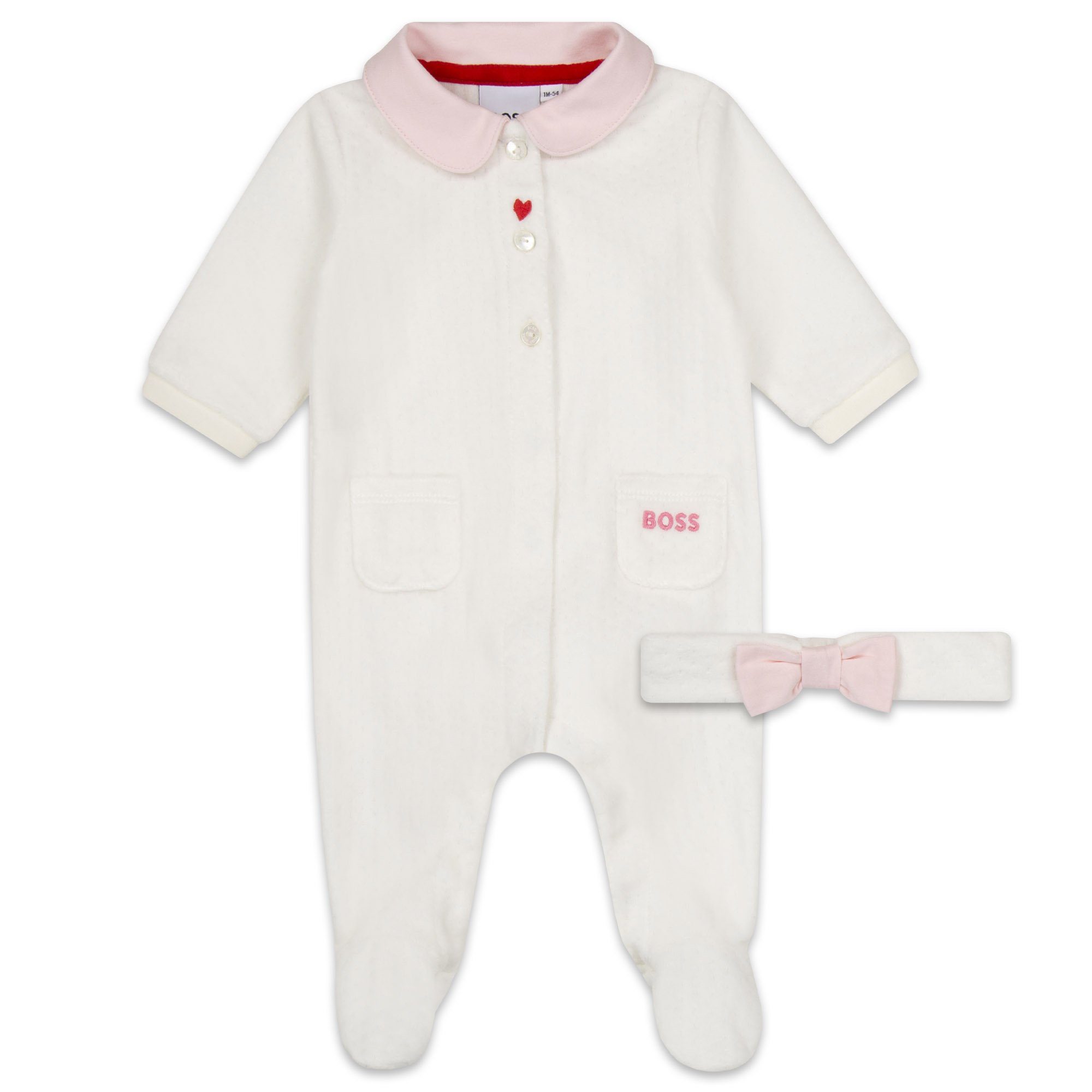 BOSS Shirt, Strampler, Jäckchen, Mütze & Schühchen HUGO BOSS Baby Schlafanzug mit Stirnband zweiteilig weiß rosa (Schlafanzug mit Stirnband)