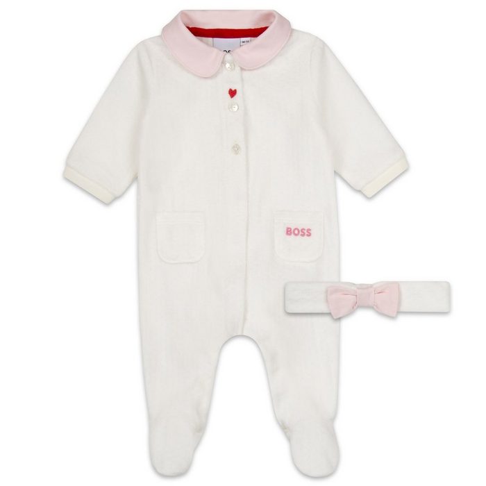 BOSS Shirt Strampler Jäckchen Mütze & Schühchen HUGO BOSS Baby Schlafanzug mit Stirnband zweiteilig weiß rosa 3-9 Monate (Schlafanzug mit Stirnband)