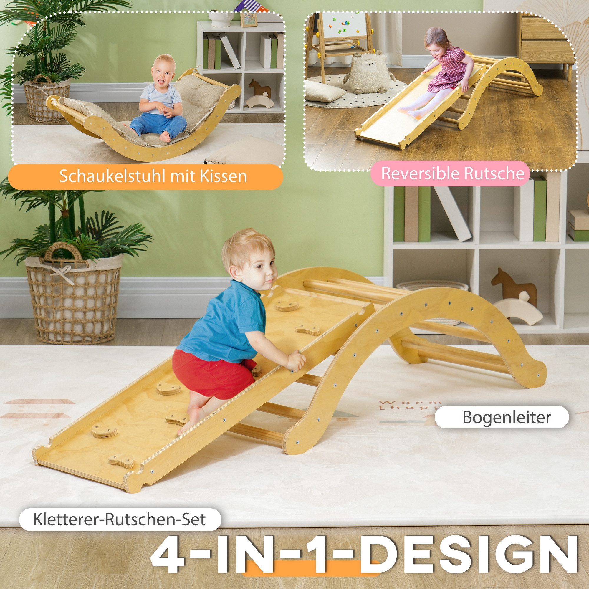 AIYAPLAY Klettergerüst 4 in 1 Set mit Rutsche, aus Holz, (Kletterspielzeug, 4-St., Kletterdreieck zum Rutschen und Klettern), für Kinder 1,5-4 Jahre, Indoor, Naturholz