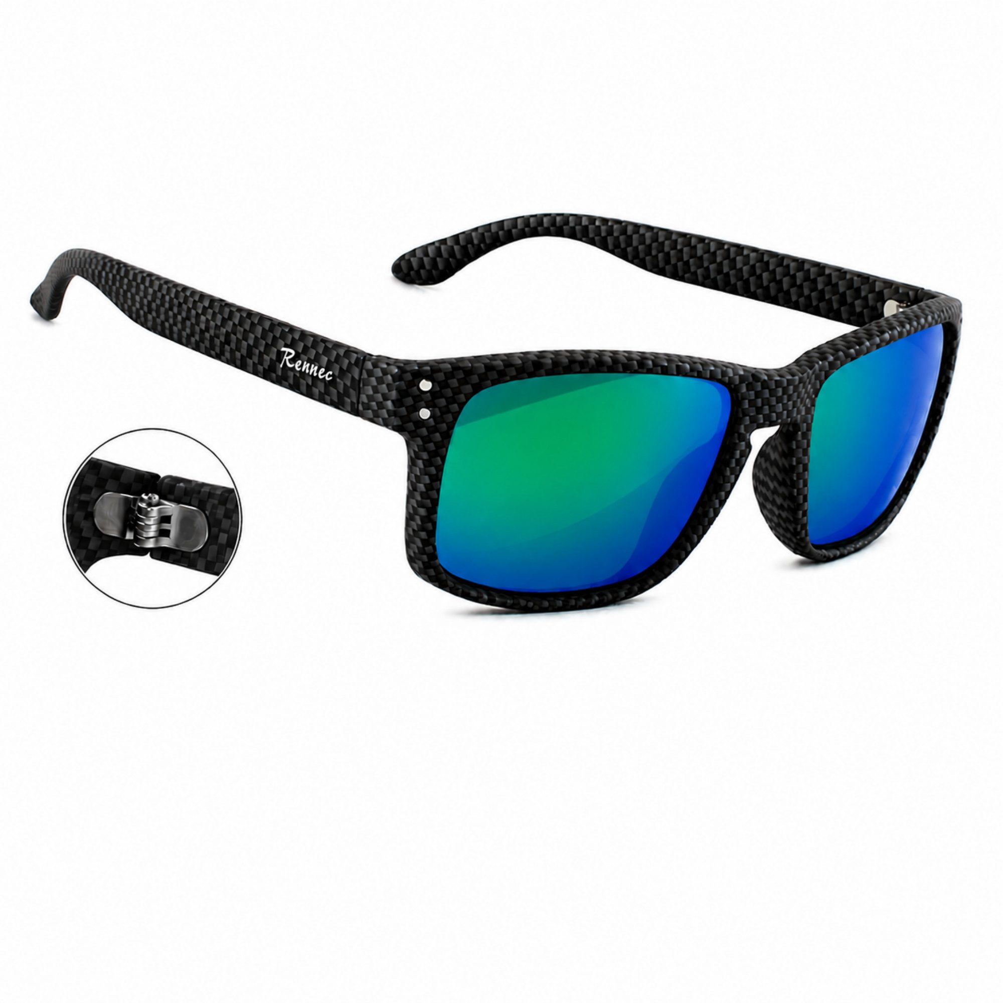 Rennec Sonnenbrille Herren Rechteckig Carbon Design Grün Blau Verspiegelt UV400 Markenbrille Motorsport, 3in2 Bügelgelenke, Markenschriftzug