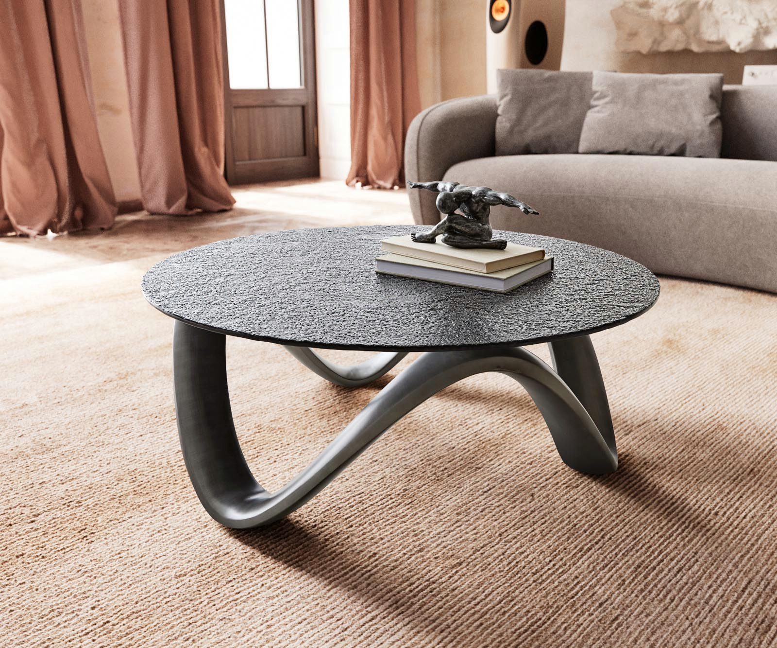 DELIFE Couchtisch Tanju, Metallic Silber 90x90 cm mit Reliefglas Grau Couchtisch