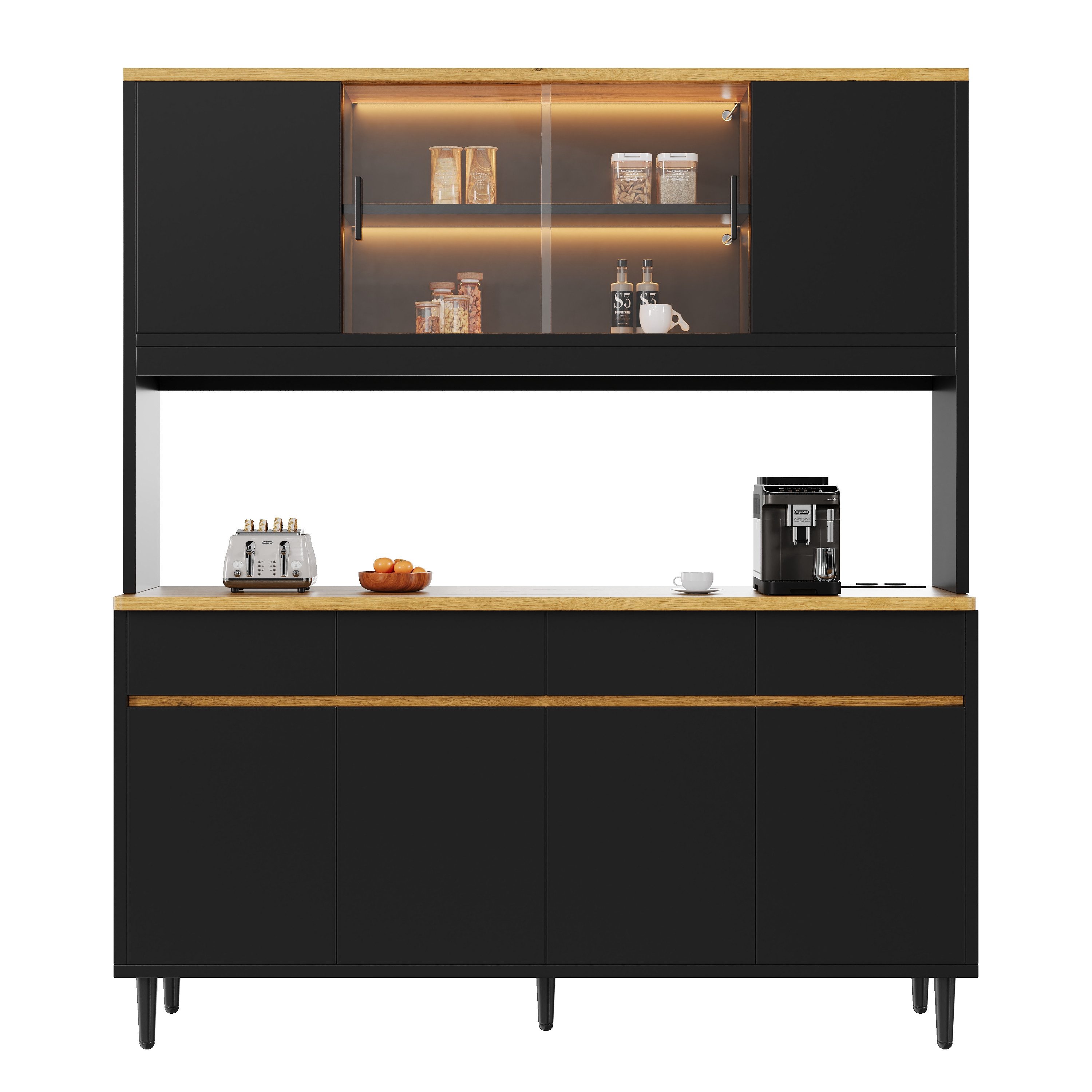 Ulife Hochschrank mit farbigem Lichtstreifen und mehrstufigem Stauraum, 160×40×185 cm (1-St) Buffetschrank mit Steckdose + USB-C/USB-A