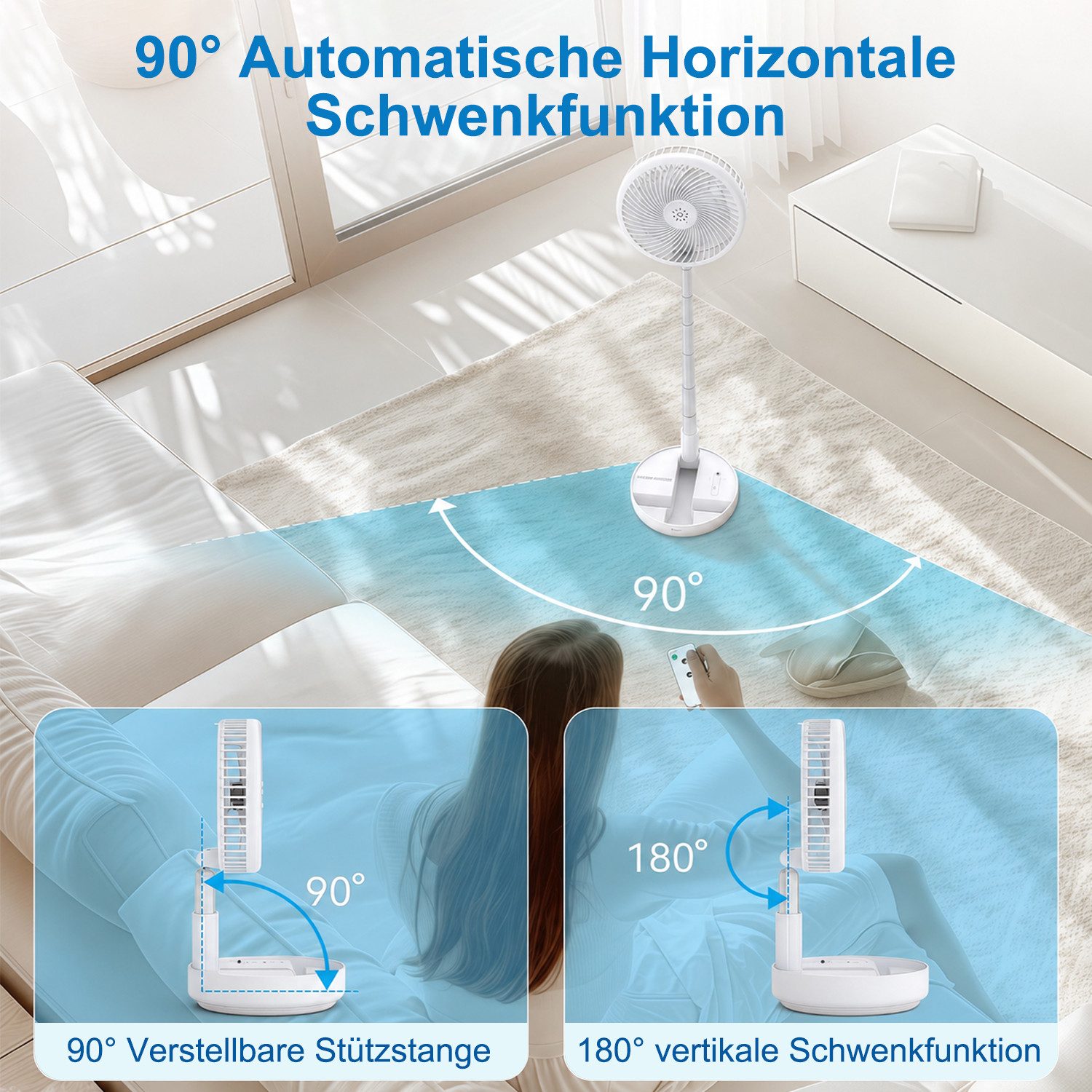 MOPUEA Standventilator Akku-Standventilator Faltbar Höhenverstellbar Fernbedienung Tragbar, Faltbar höhenverstellbar leise Akku Fernbedienung