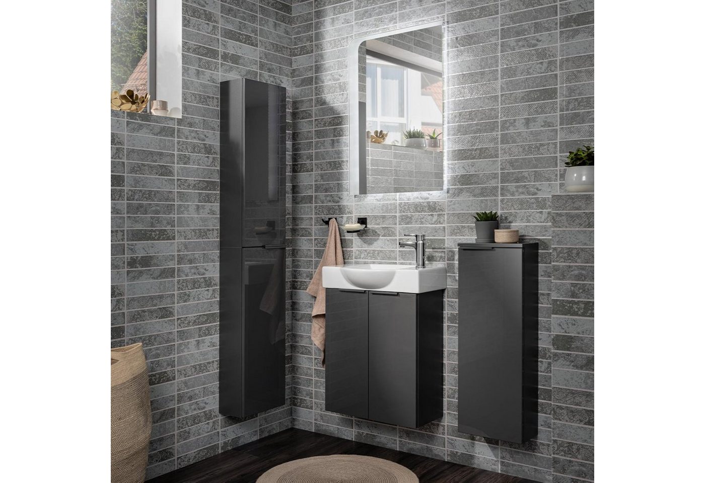 Thumbnail - FACKELMANN Waschbecken SBC LUNA Gäste WC Set 2-teilig 55 cm, Anthrazit, 2 Türen, Keramik