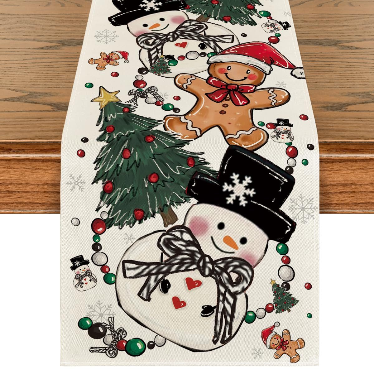 Bomiclss Tischläufer Weihnachts Tischläufer Schneemann Lebkuchen Weihnachtsdeko, Festliche Tischdeko Polyester Läufer für Küche Esszimmer Weihnachten