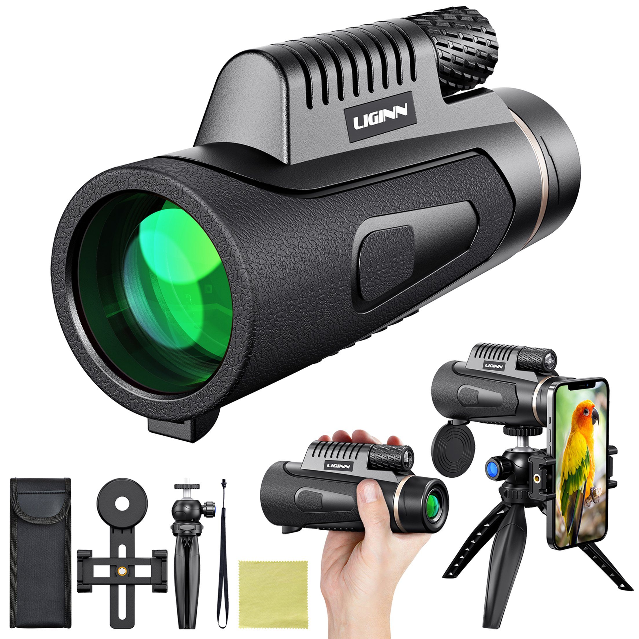 LeiGo Monokular 12x50,HD-Teleskop,Monokular,mit Stativ + Handy-Clip  Fernglas (12fache Vergrößerung für Vogelbeobachtung/Sportspiele/Jagd/Reisen)