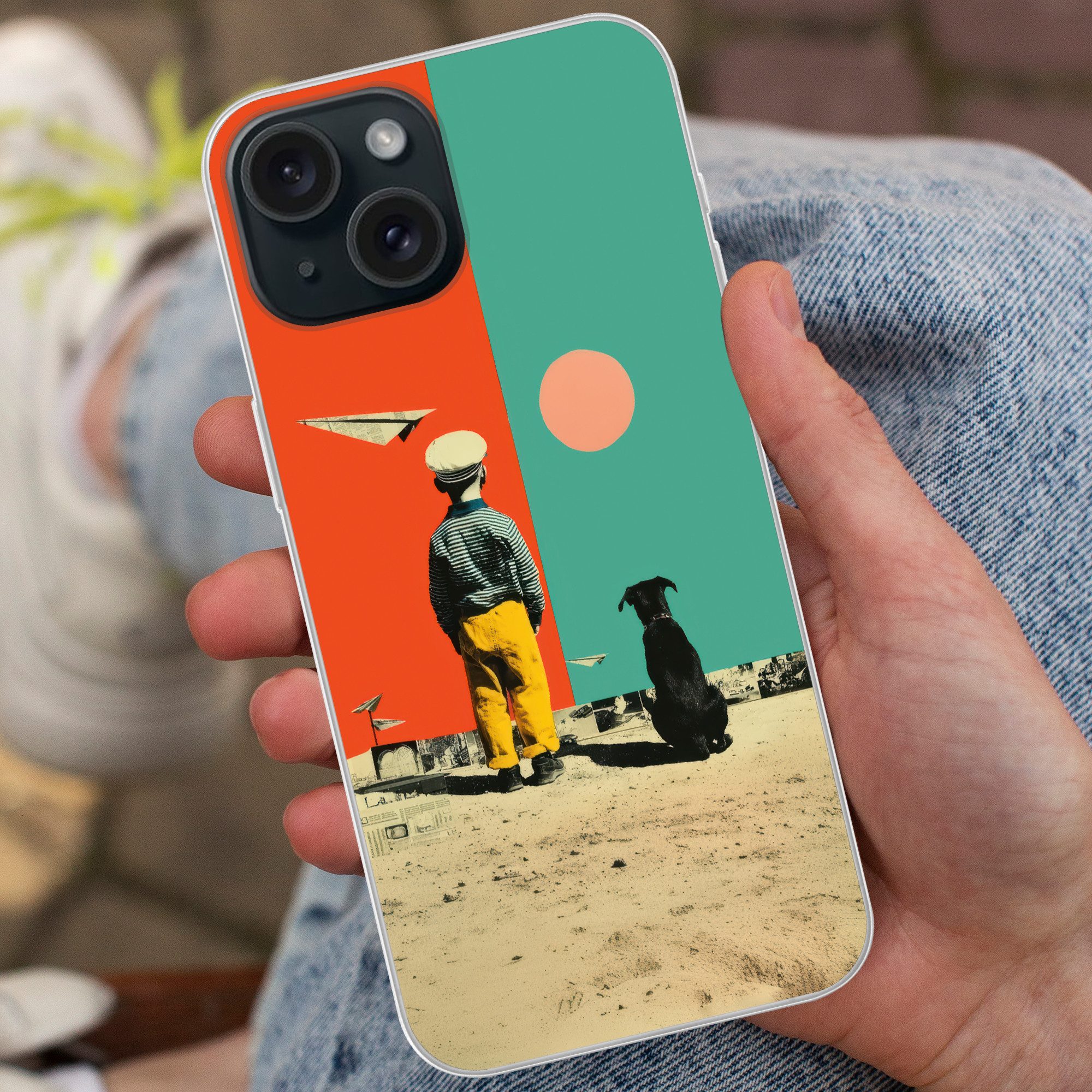 MuchoWow Handyhülle für Apple iPhone 15 Retro - Junge - Hund - Rot - Grün, Smartphone-Bumper, Print, Handy Schutzhülle Dünn