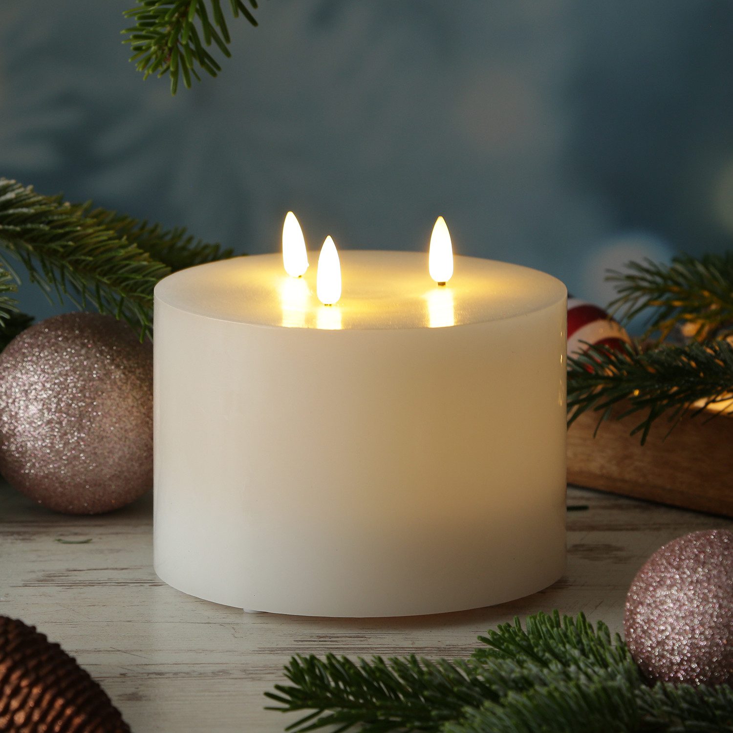 MARELIDA LED-Kerze XXL Kerze Echtwachs 3 Docht H: 13cm D: 15cm Batterie Tim günstig online kaufen