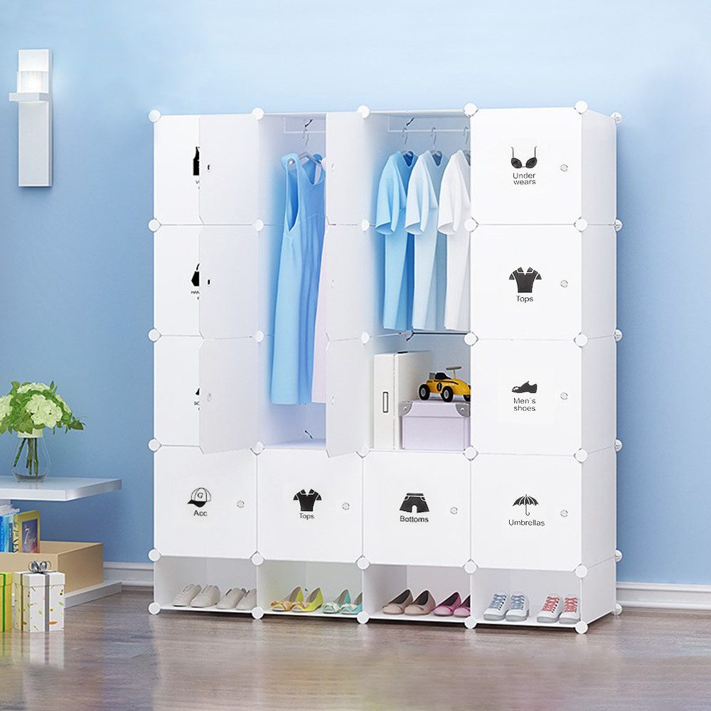 JEOBEST Kleiderschrank Tragbarer Regalsystem Schlafzimmerschrank, Schuhregal 20 Würfel Schrank aus Kunststoff mit 2 Kleiderstange Weiss