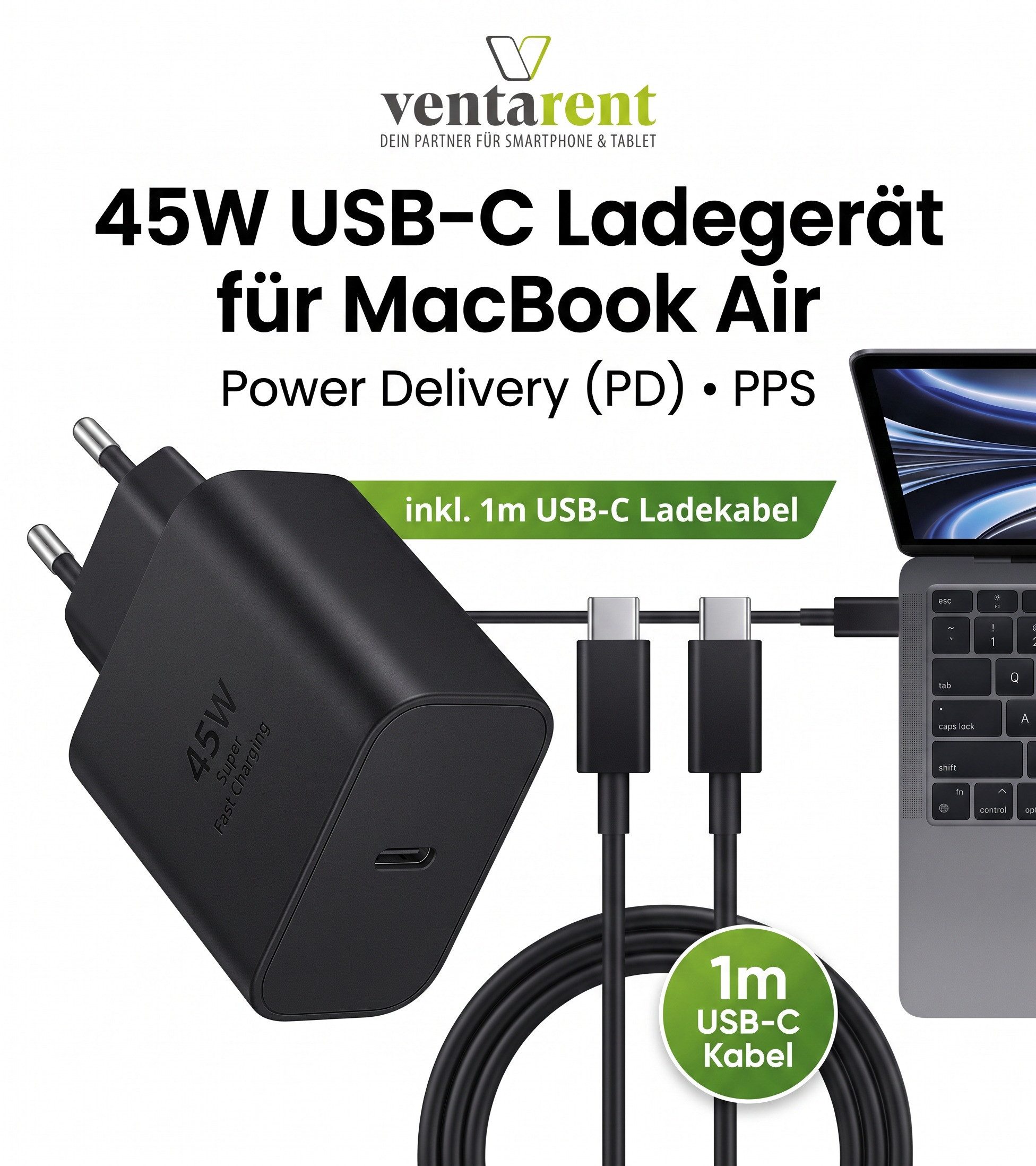Ventarent 45W USB-C Ladeset mit Ladekabel für MacBook Air, iPad Pro & Air USB-Ladegerät (3000 mA, Set, 2-tlg., 45W USB-C Netzadapter, USB-C Ladekabel, 45W Schne – Bild 2 von 5